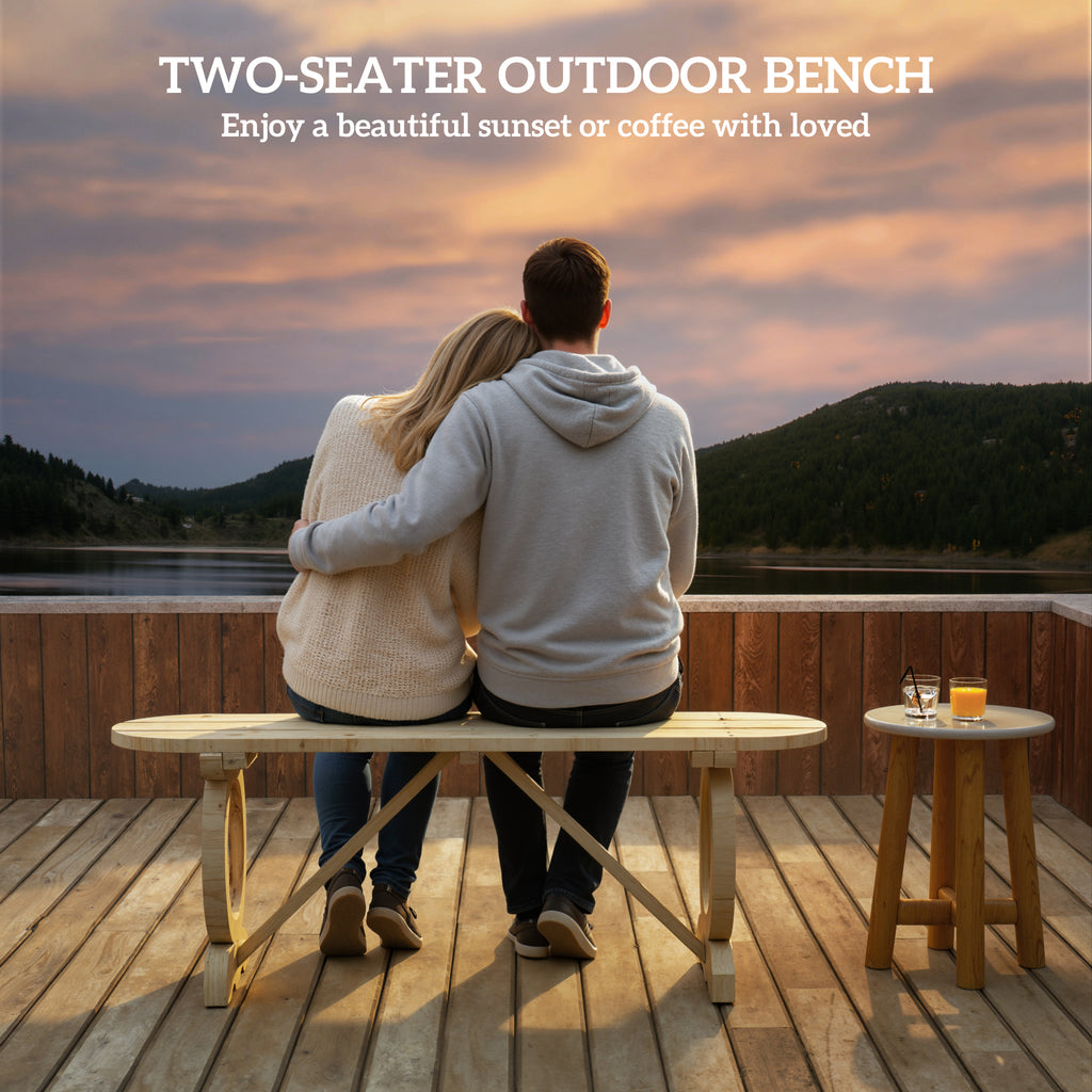 2-Person Outdoor Bench, Wood Garden Bench with Wagon Wheel Legs, Slatted Seat for Patio, Park, Backyard, Natural Wood