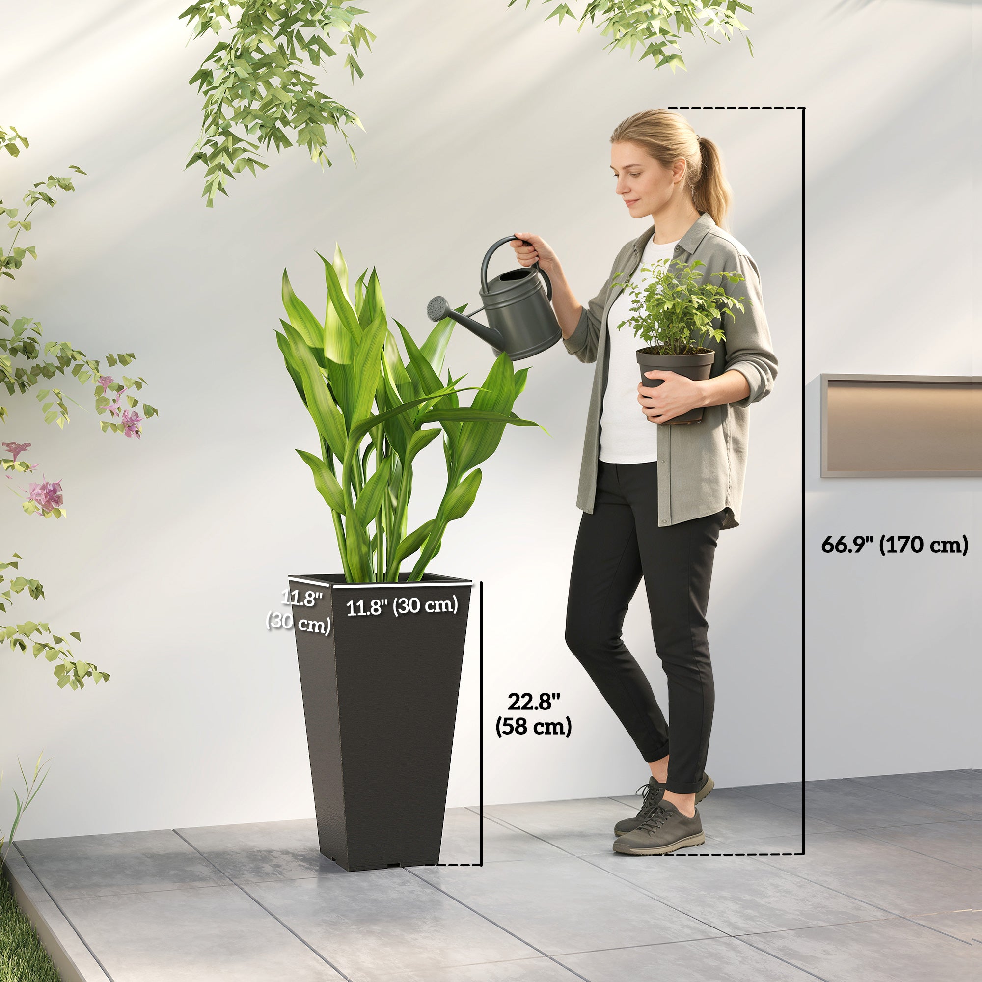 23" Tall Planters Set of 2, Indoor Outdoor Stackable Taper Planters with Marble Finish and Drainage Holes, Black