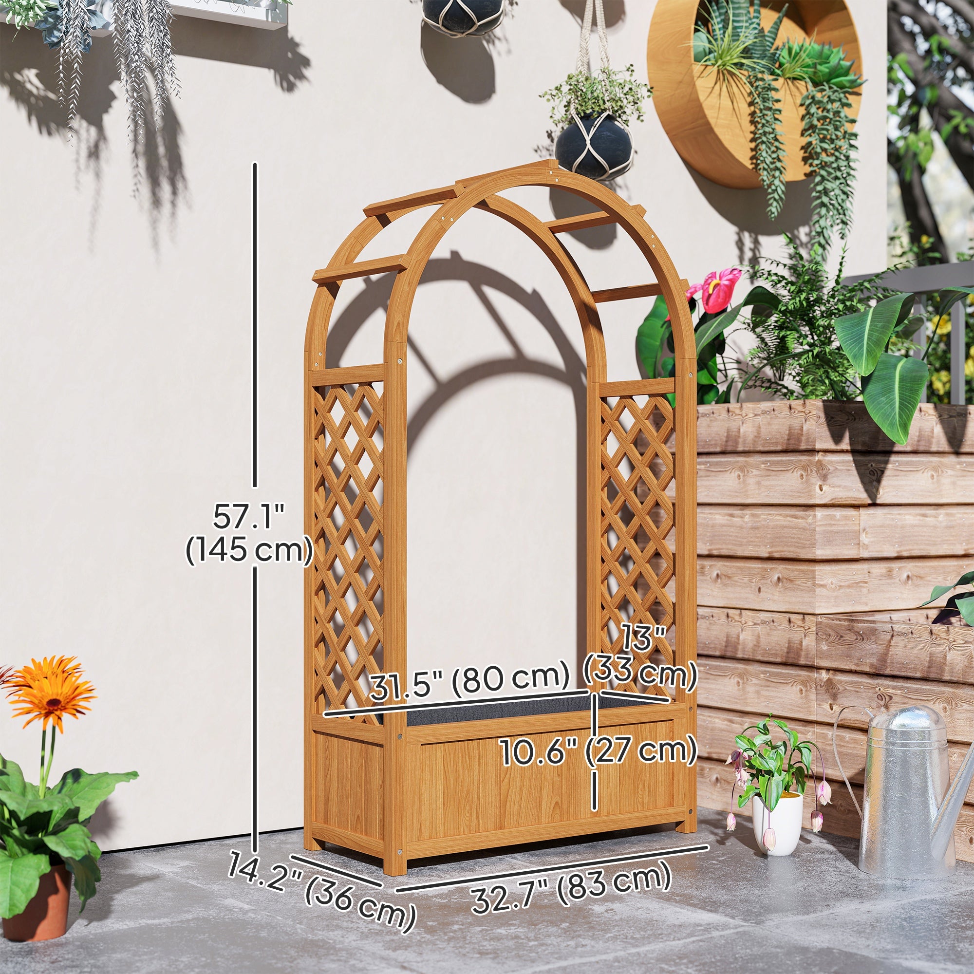 Wooden Raised Garden Bed with Arch Trellis, 33" x 14" x 57" Raised Planter Box with Drainage Holes, Trellis Planter for Vine Climbing Plants