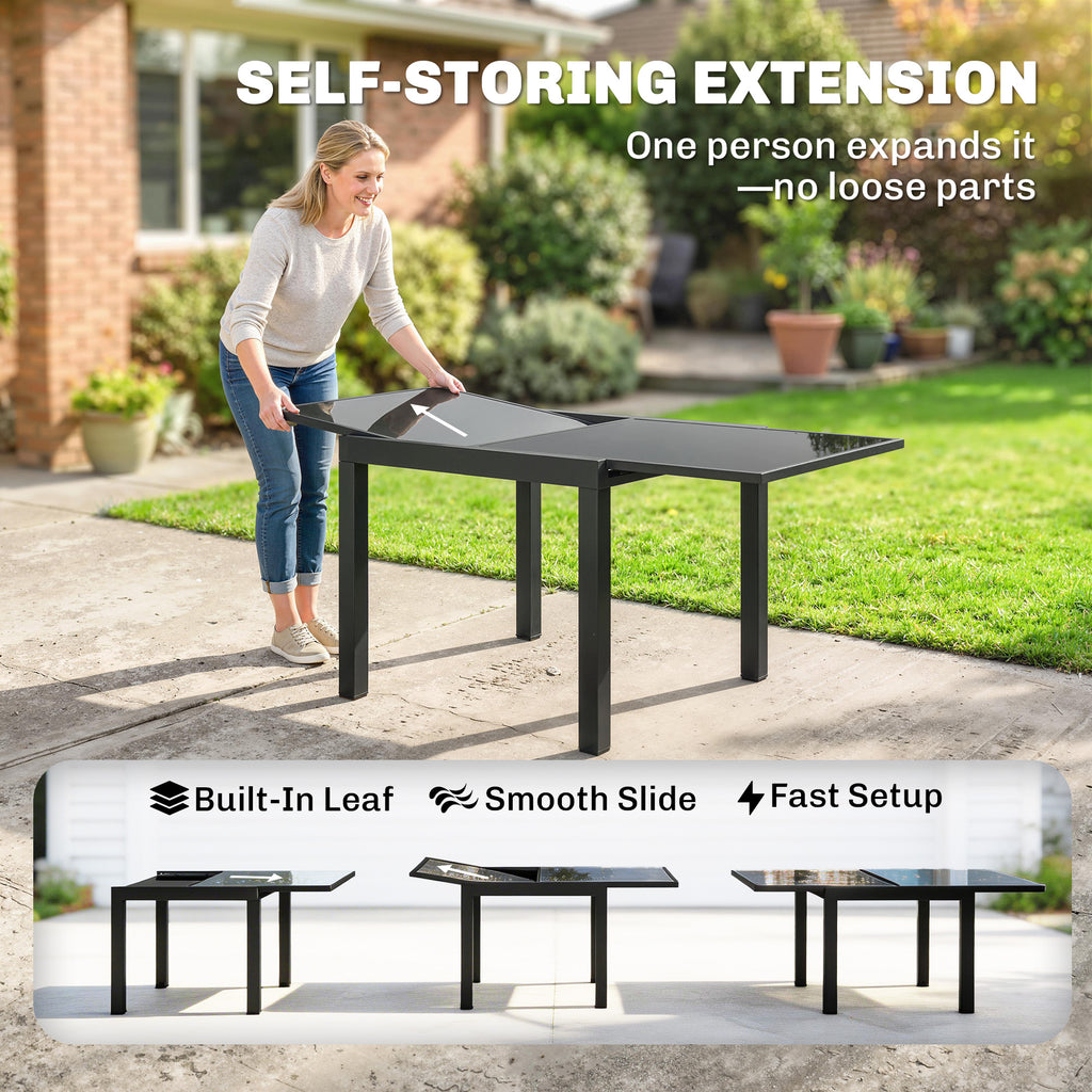 Aluminum Expandable Outdoor Dining Table with Tempered Glass Tabletop and Aluminum Frame, for Garden, Backyard, Black