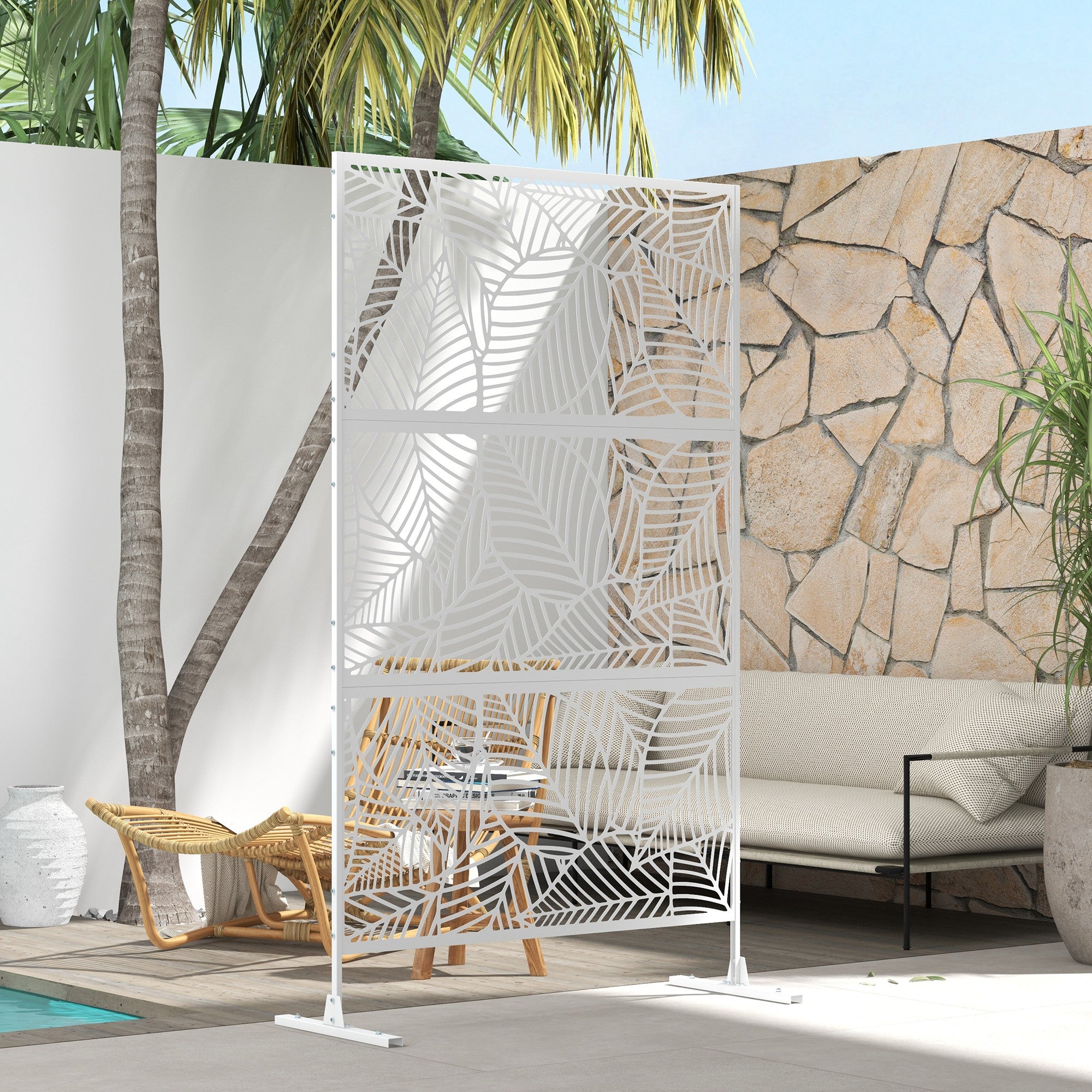 6.5FT Decorative Outdoor Divider, Metal Privacy Screen with Stand, Large Leaf Style, White