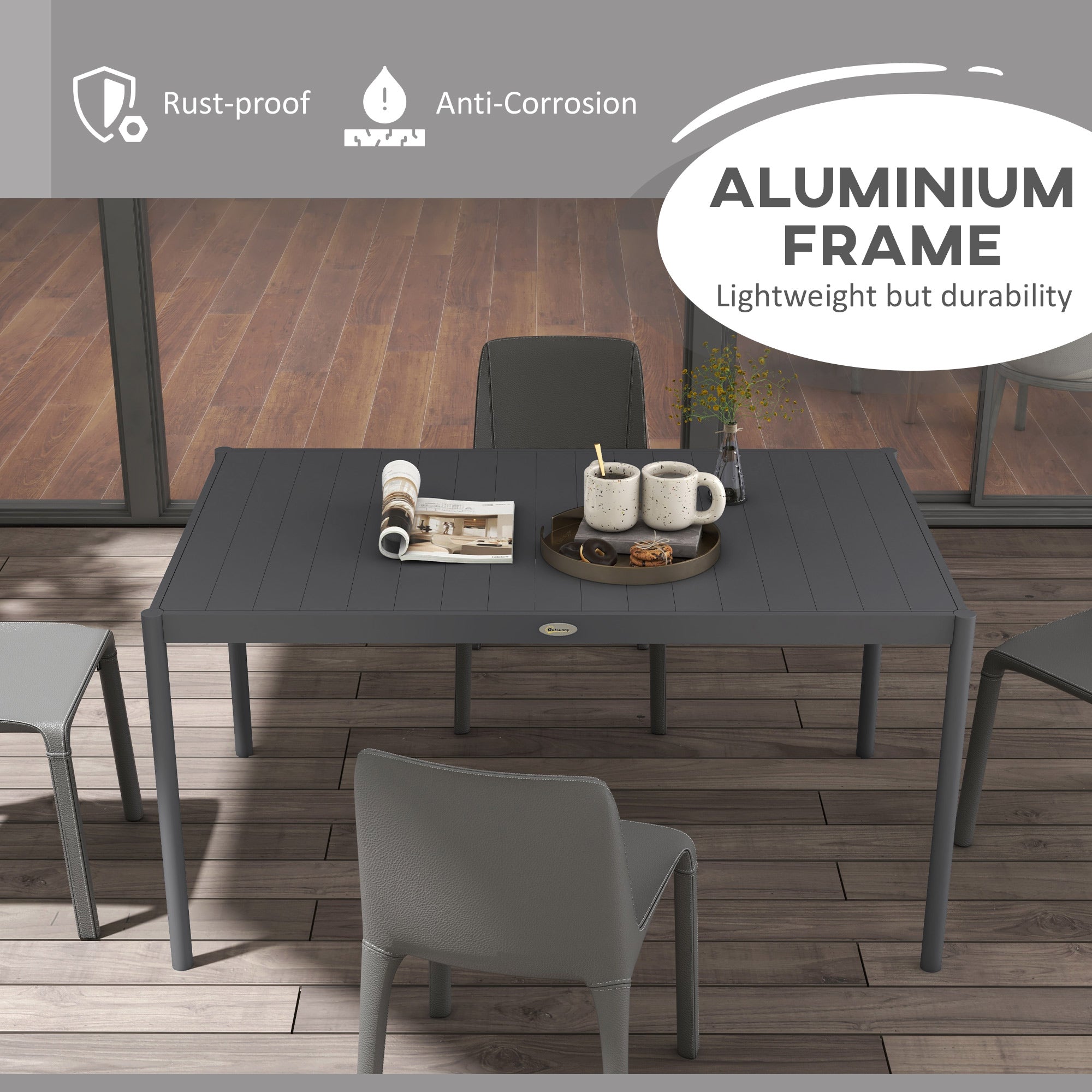 Outdoor Dining Table w/ Aluminium Frame, Garden Table, 57", Dark Grey
