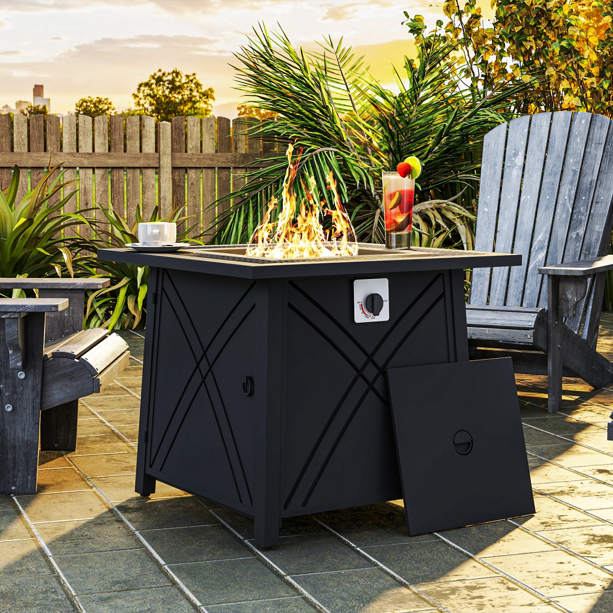 28" Propane Fire Pit Table 40,000 BTU Square Outdoor Gas Fire Table with Waterproof Cover, Adjustable Foot Pads