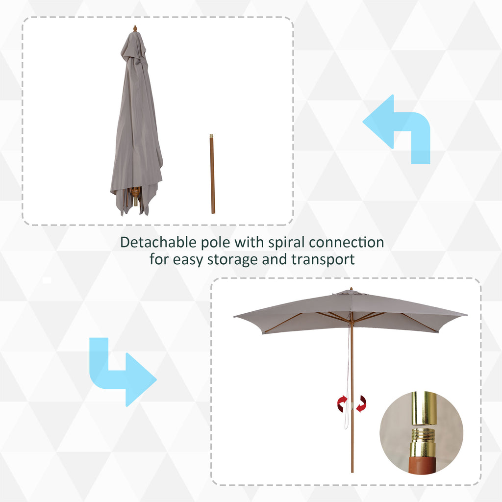 7' x 10' Wooden Patio Umbrella, Rectangle Garden Parasol, Outdoor Sunshade Canopy with Bamboo Ribs for Garden, Grey