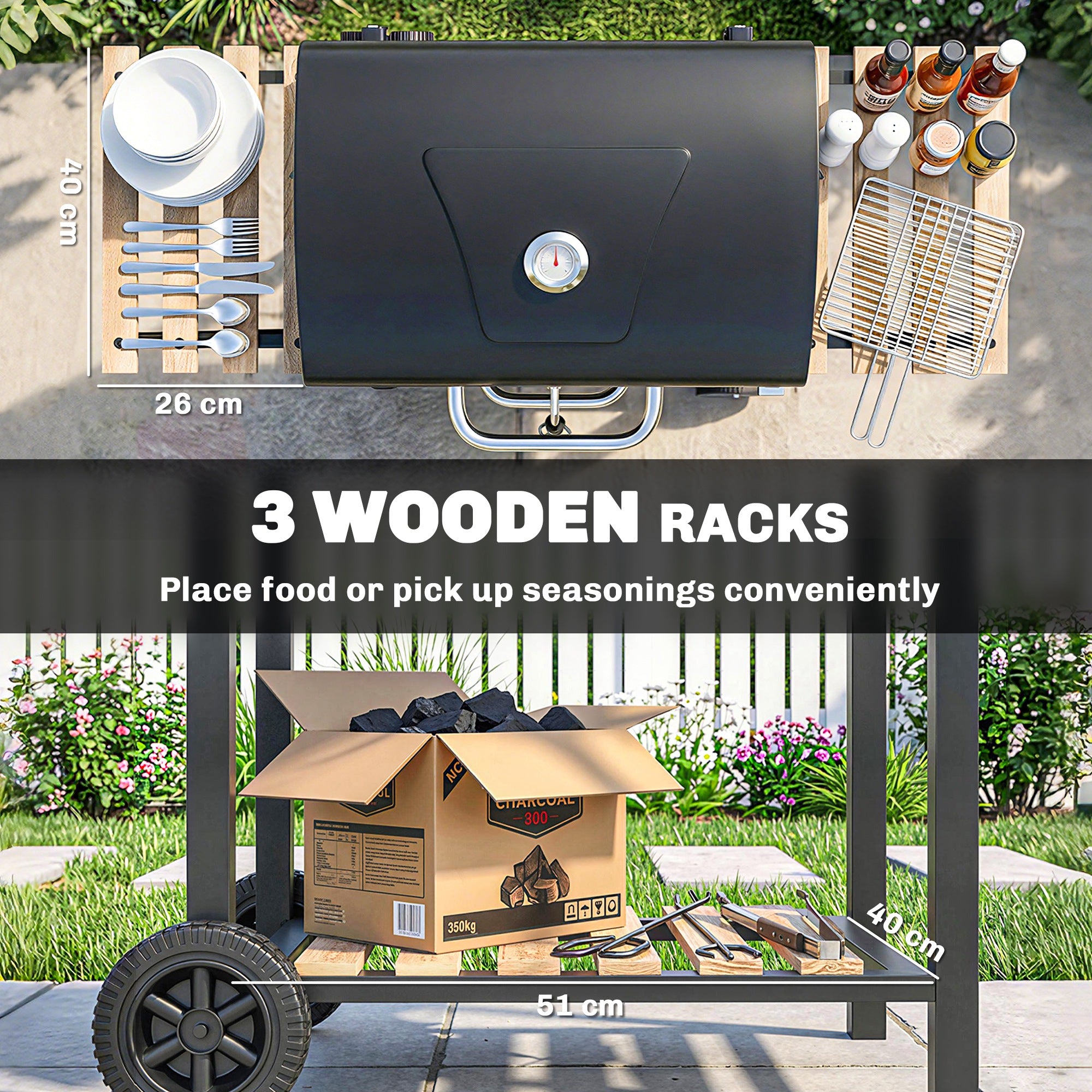 20" Charcoal BBQ Grill Barbecue on Wheels with Adjustable Charcoal Pan, Spacious Cooking Area, 3 Shelves, Thermometer