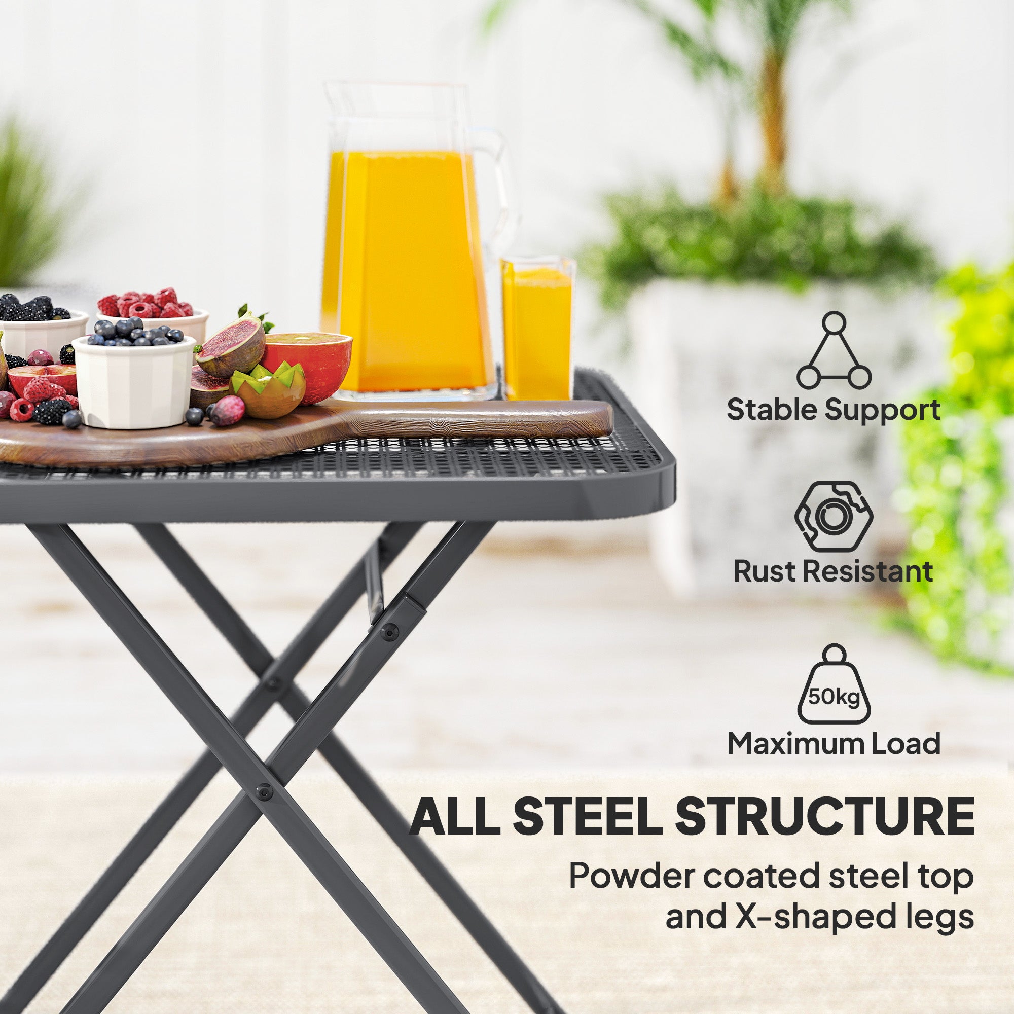 27.5" Square Outdoor Patio Table, Outdoor Folding Table with Grid Rattan-Like Top for Camping, Picnic, Light Grey