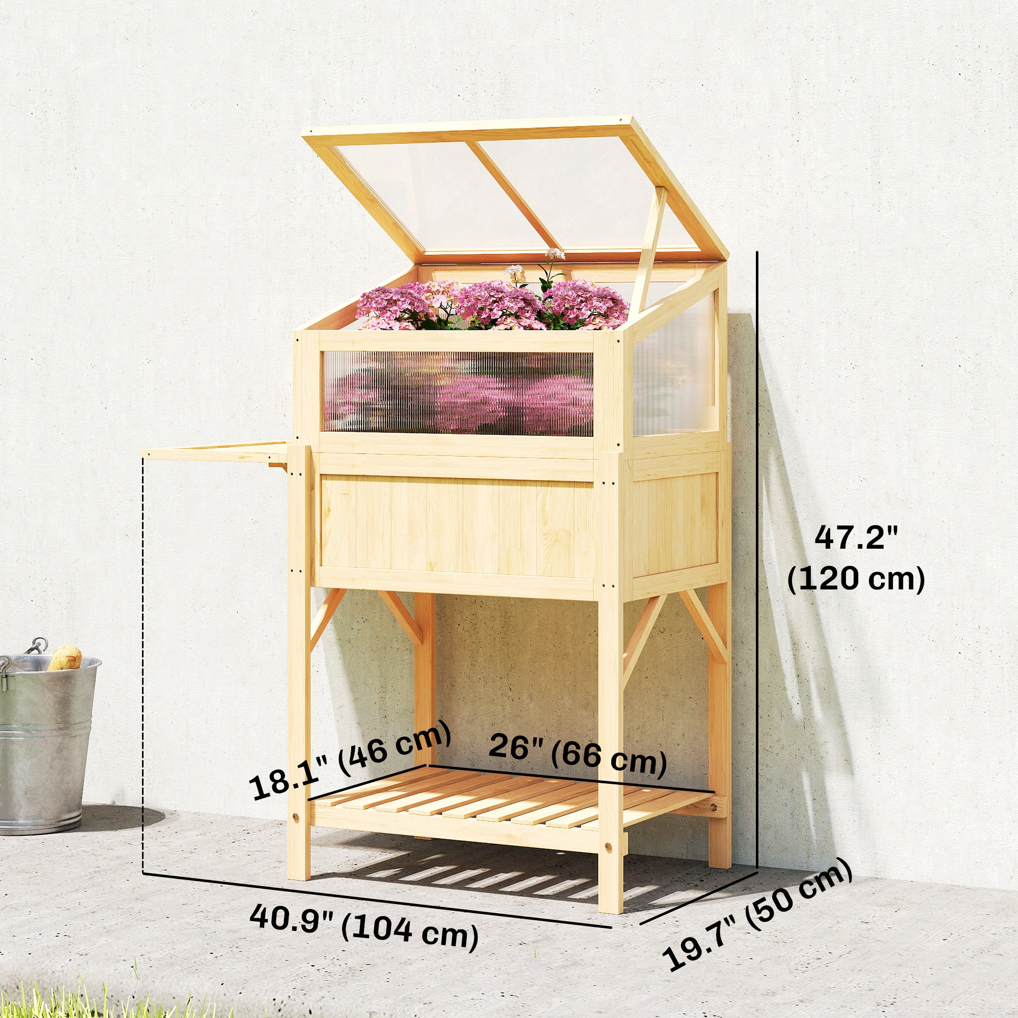 Raised Garden Bed Planter with Cold Frame, Wooden Elevated Planter Box with Folding Side Table and Shelf, Natural Wood