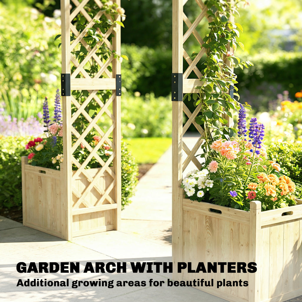 Wooden Garden Arch with 2 Planter Boxes, Arch Trellis for Climbing Plants, Decorative Arbor Archway, Natural Wood