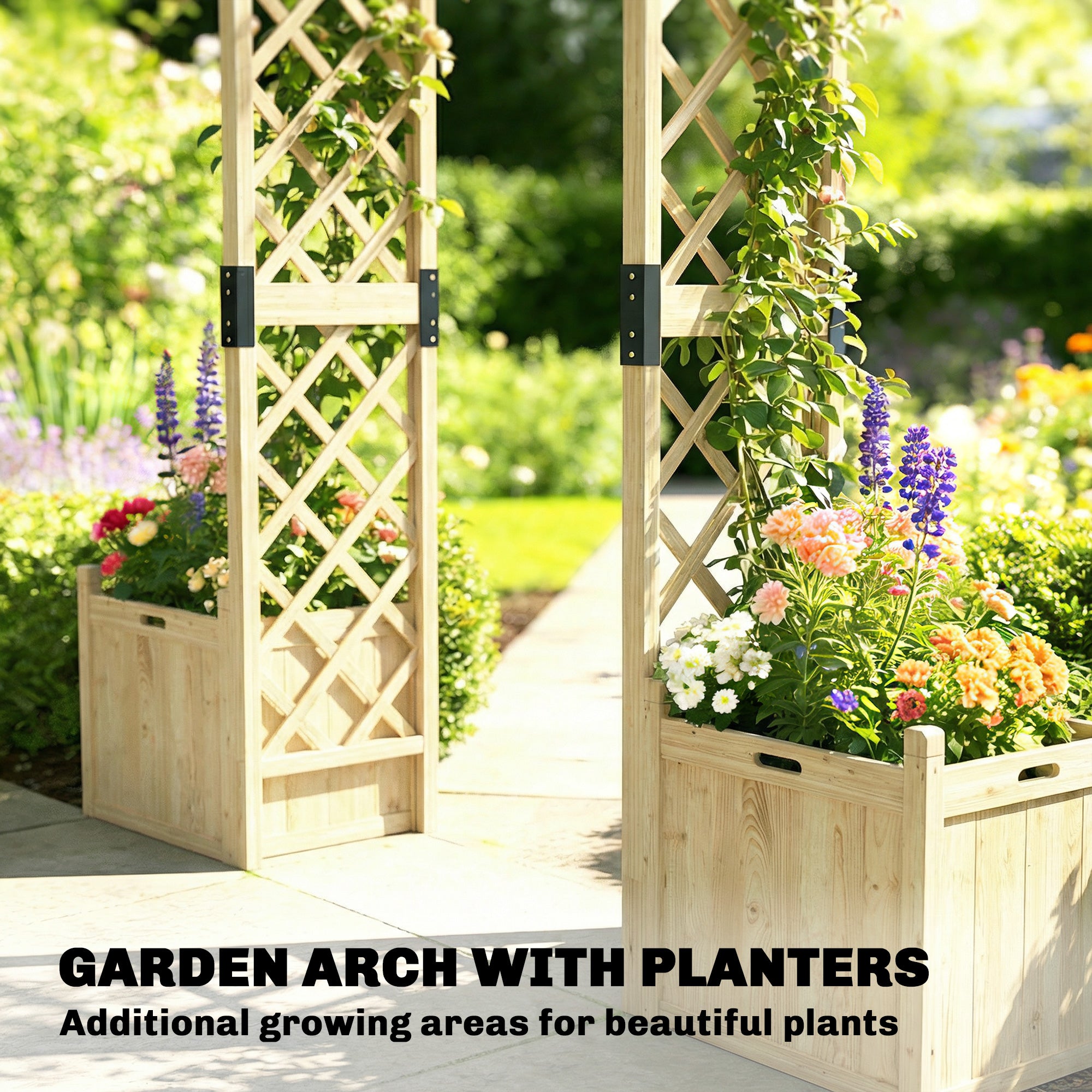 Wooden Garden Arch with 2 Planter Boxes, Arch Trellis for Climbing Plants, Decorative Arbor Archway, Natural Wood