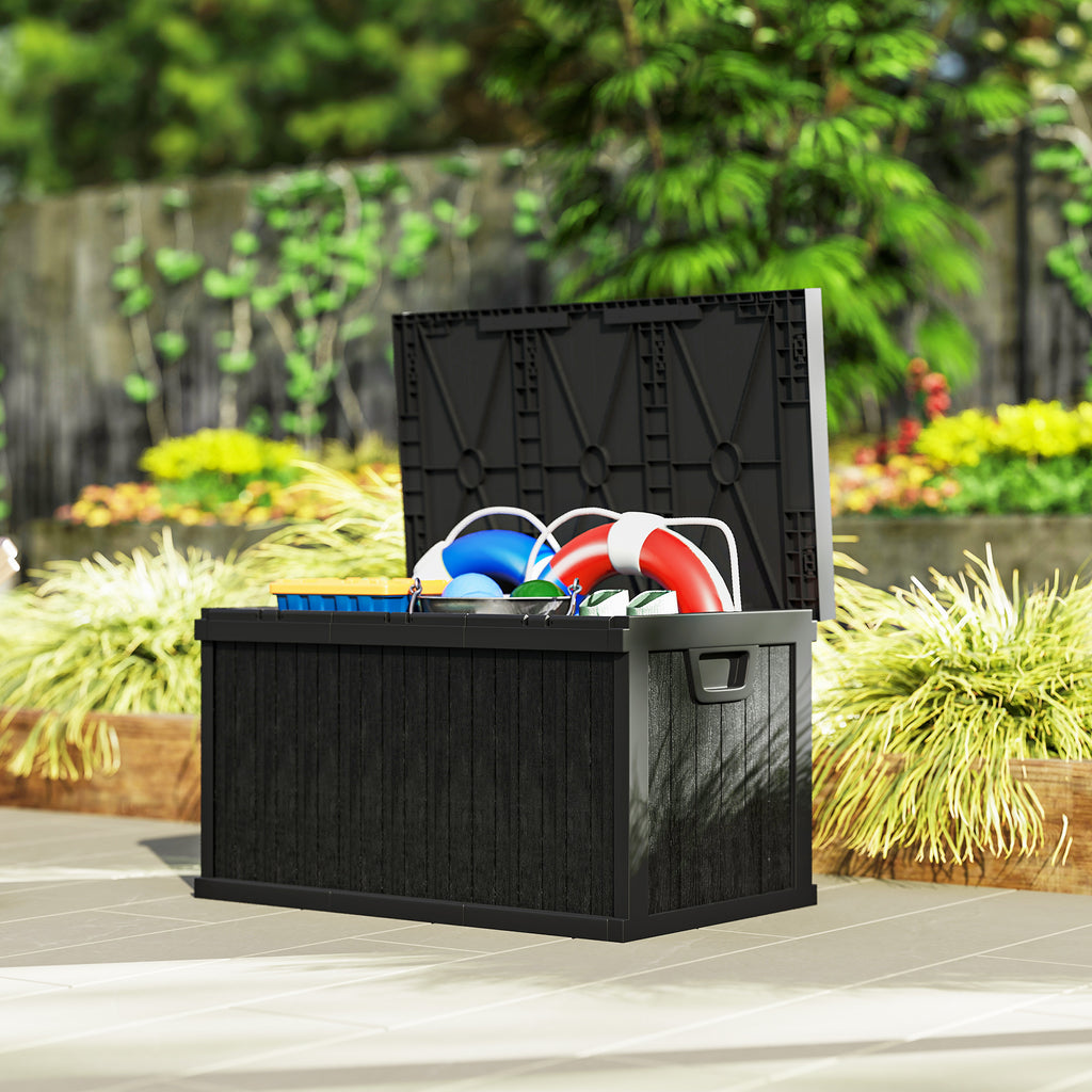 70 Gallon Deck Box, Resin Outdoor Storage Box with Handles, Waterproof Storage Container for Garden Tools, Black