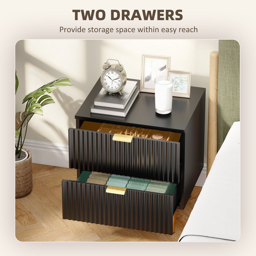 Bedside Table Set of 2, Modern Nightstand with 2 Drawers, Side End Table with Metal Legs for Living Room, Bedroom, Black