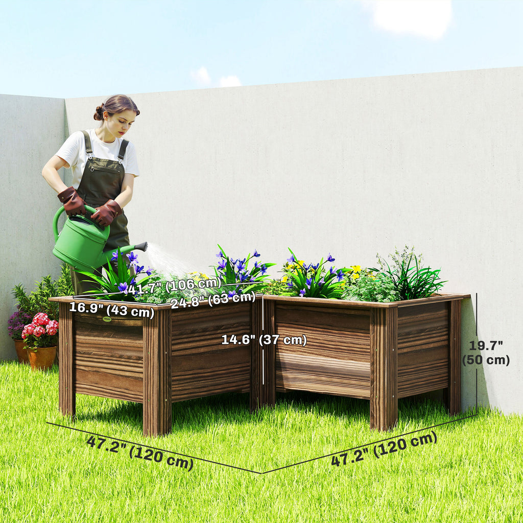 Raised Garden Bed, Wooden Elevated Planter Box Outdoor with Legs, for Vegetables, Flowers, Herbs, L-shaped, Carbonized