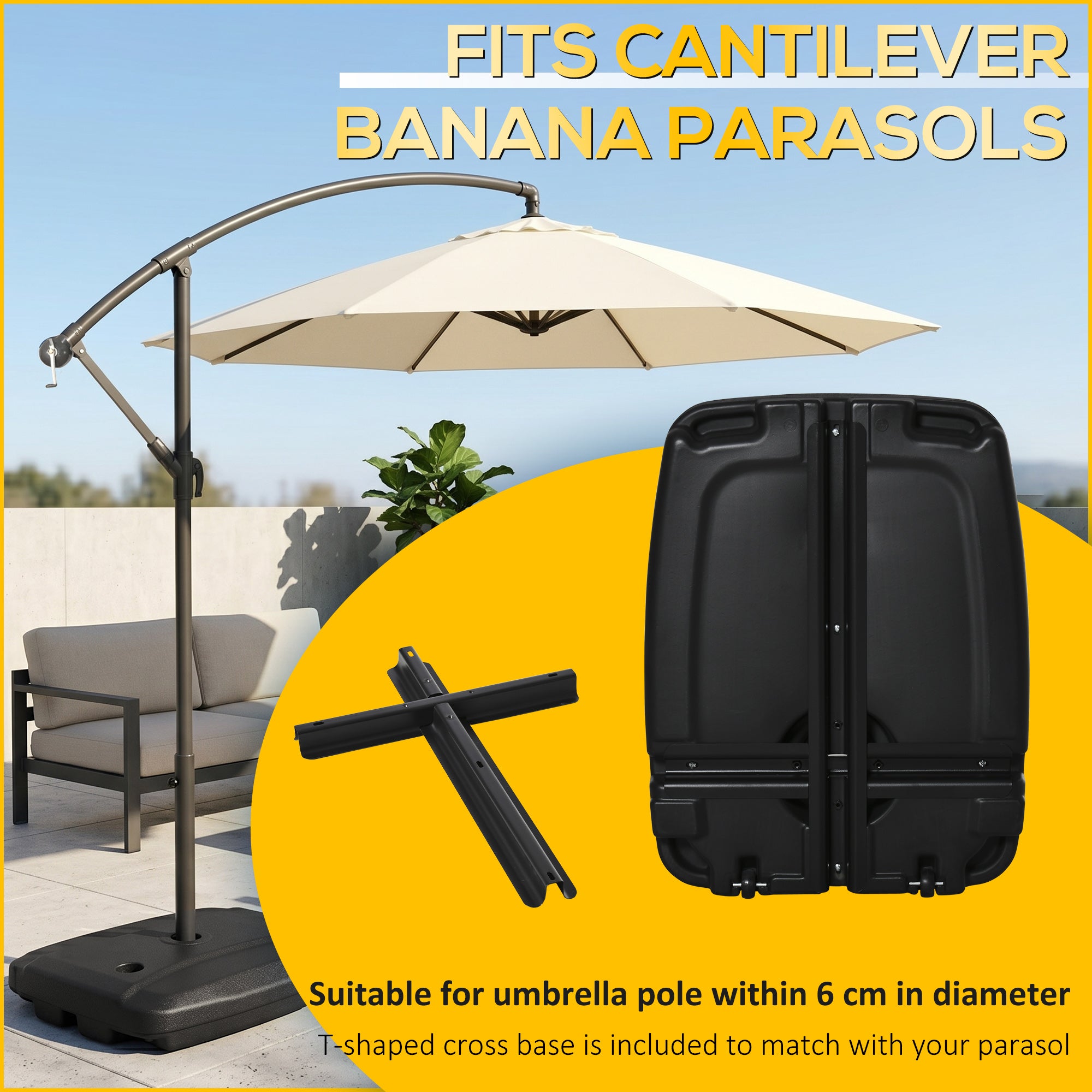 Cantilever Offset Umbrella Base Portable Square Parasol Weights with Wheels, Water and Sand Filled, Up to 165 lbs, Black