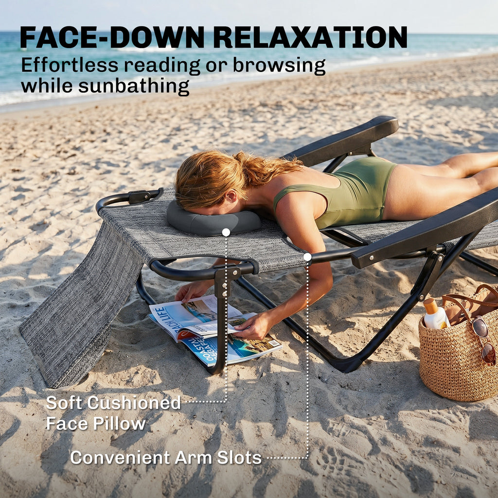 Folding Lounge Chair w/ Reclining Back, Mixed Grey