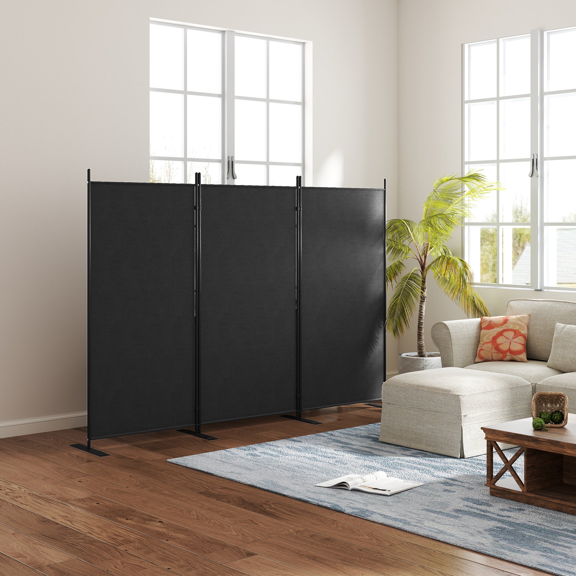 3 Panel Folding Outdoor Privacy Screen, 5.8FT Tall Room Divider with UV30+ Protection, Freestanding Privacy Panel Partition with Stable Base for Indoor Outdoor, Dark Grey