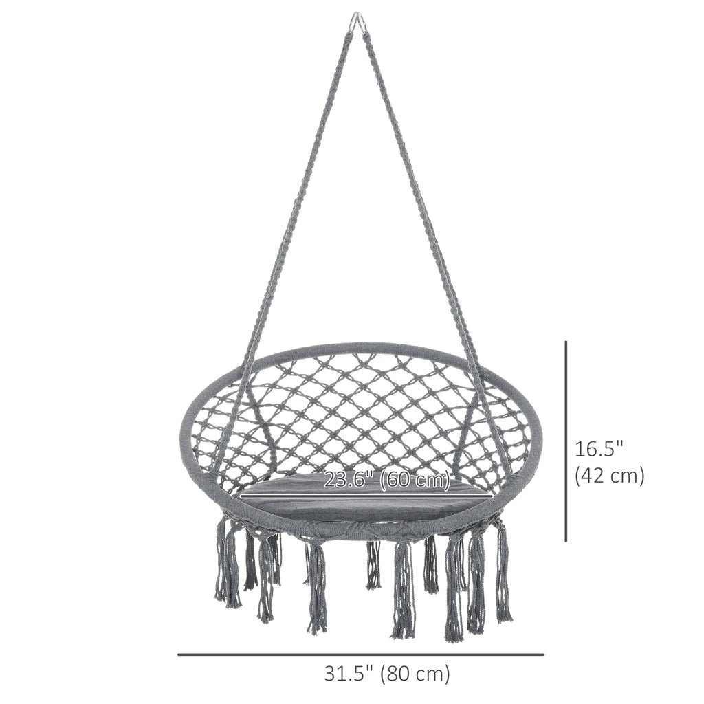 Patio Hammock Chair, Hanging Rope Hammock Swing for Indoor & Outdoor Use with Backrest, Cotton-Polyester Blend, Fringe Tassels, Dark Grey