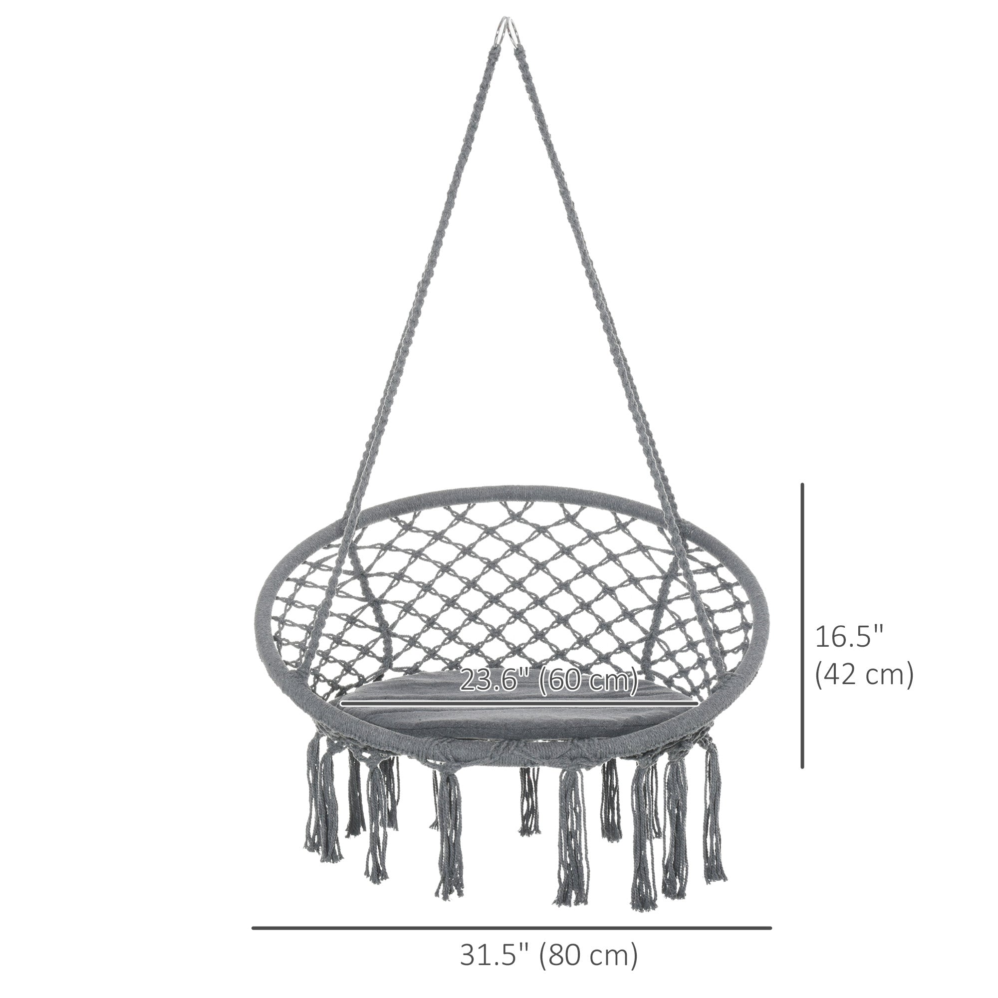 Patio Hammock Chair, Hanging Rope Hammock Swing for Indoor & Outdoor Use with Backrest, Cotton-Polyester Blend, Fringe Tassels, Dark Grey