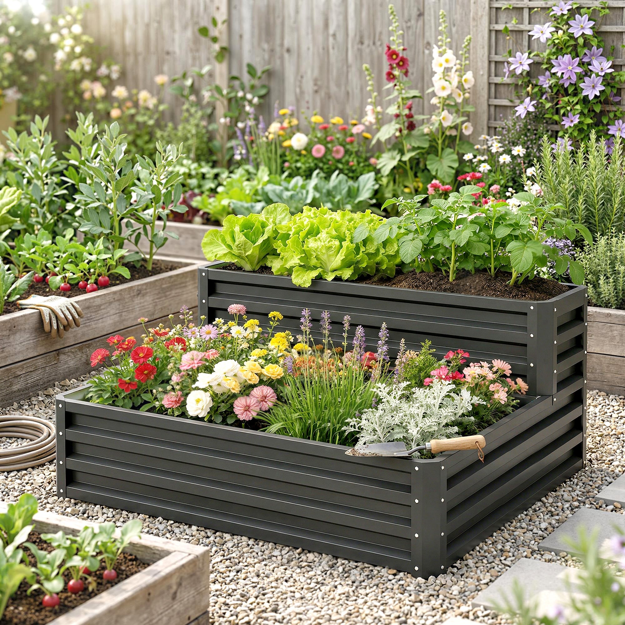 2 Tier Raised Garden Bed, 47" x 40" x 23" Galvanized Steel Planter Box for Vegetables, Flowers, and Herbs, Dark Grey