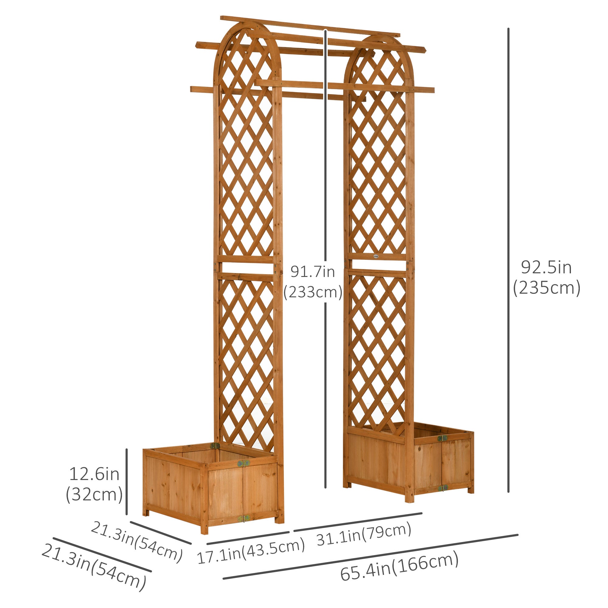 7.7FT Garden Arch with 2 Foldable Planter Boxes, Outdoor Wooden Trellis Arbor for Ceremony Party Weddings, Brown