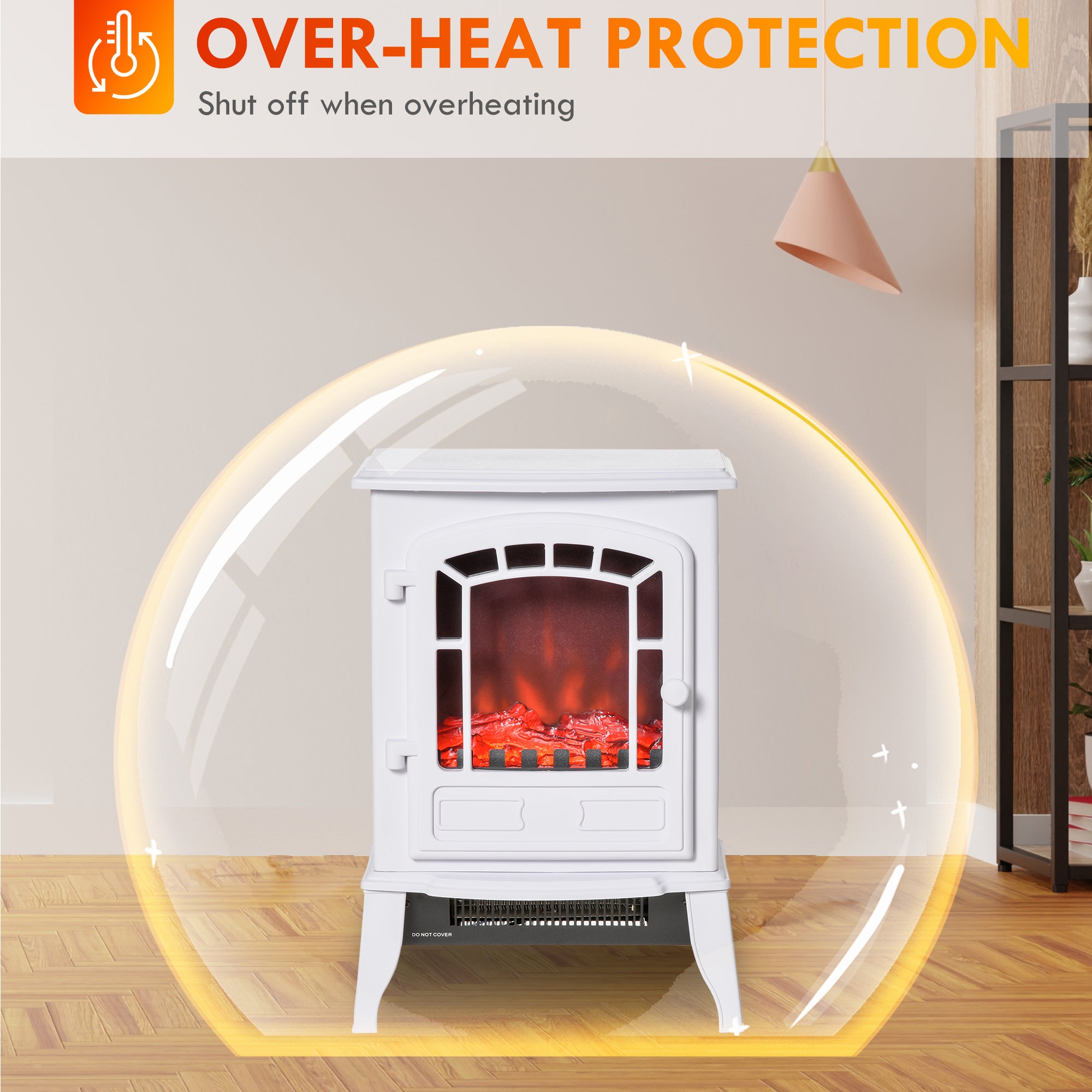 Electric Fireplace Heater, Freestanding Fireplace Stove with Realistic Flame Effect Overheat Protection 750W/1500W White