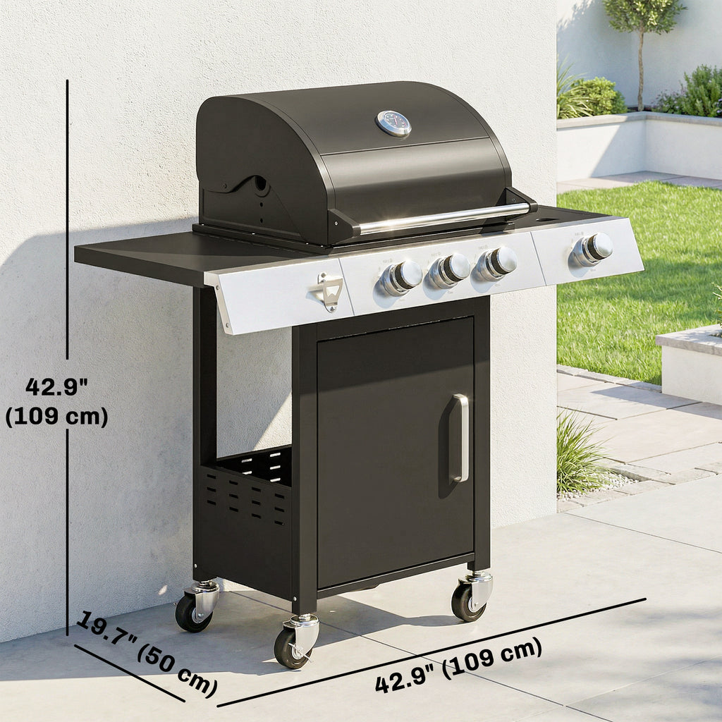 3 Burner Propane Gas Grill with Side Burner, 36,000 BTU BBQ Grill with Cast Iron Grates, Wheels, Warming Rack, Cabinet