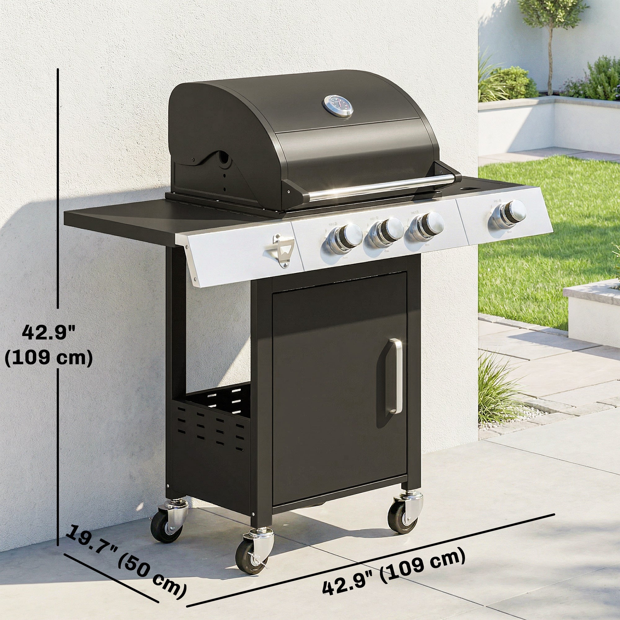 3 Burner Propane Gas Grill with Side Burner, 36,000 BTU BBQ Grill with Cast Iron Grates, Wheels, Warming Rack, Cabinet