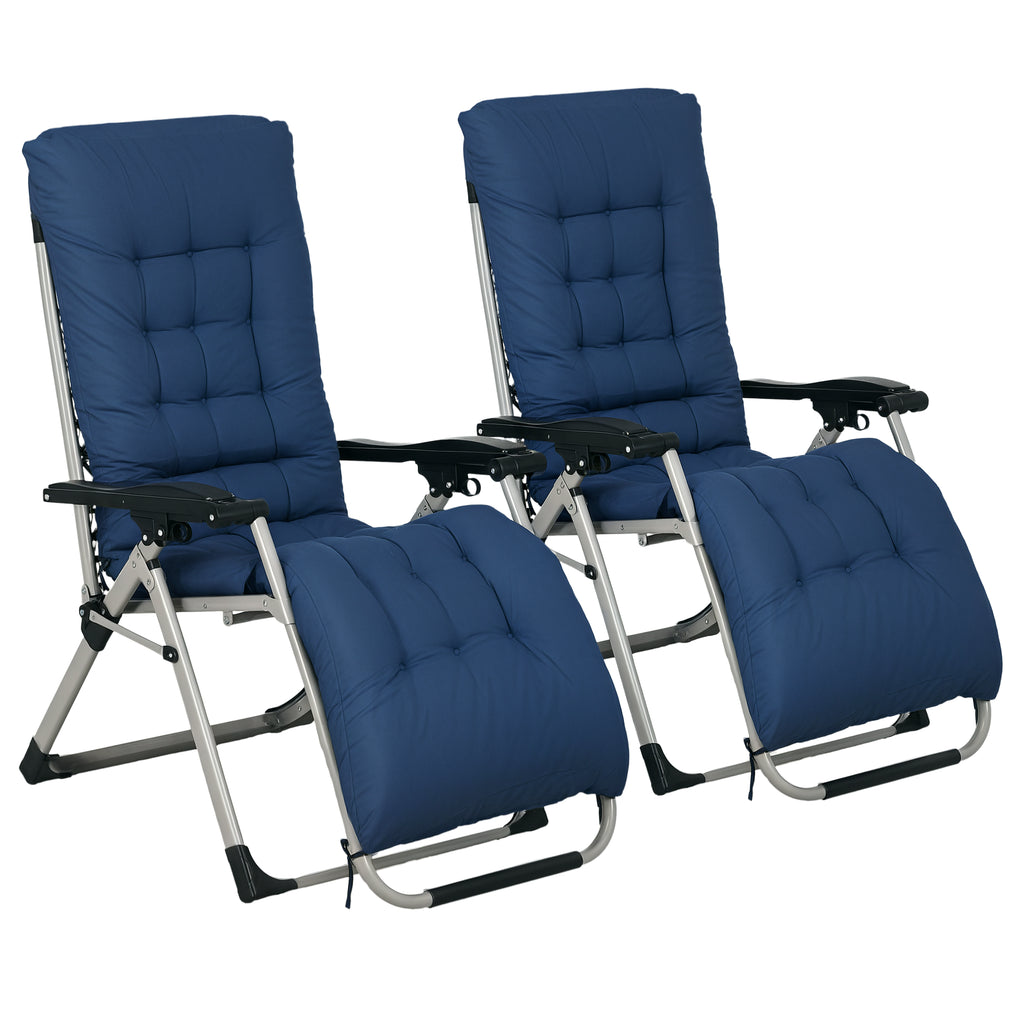 Folding Garden Chairs Set of 2, Reclining Zero Gravity Chair, Sun Lounger with Cushion and Headrest, Dark Blue