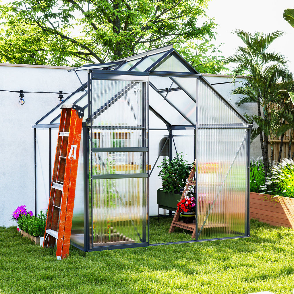 6' x 6' x 6.5' Polycarbonate Greenhouse, Walk-in Green House with Adjustable Roof Vent Galvanized Base Sliding Door Rain Gutter for Outdoor Garden Backyard, Grey