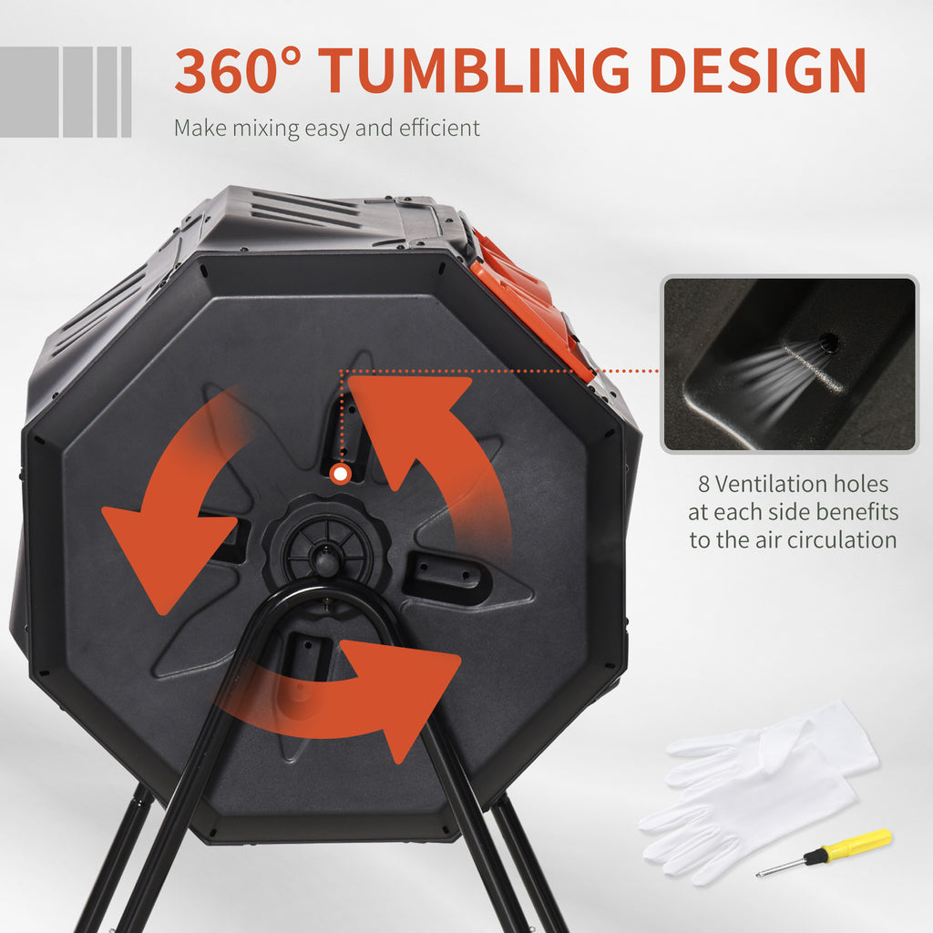 Tumbling Compost Bin Outdoor Dual Chamber 360Â° Rotating Composter 43 Gallon with Sliding Doors, Orange