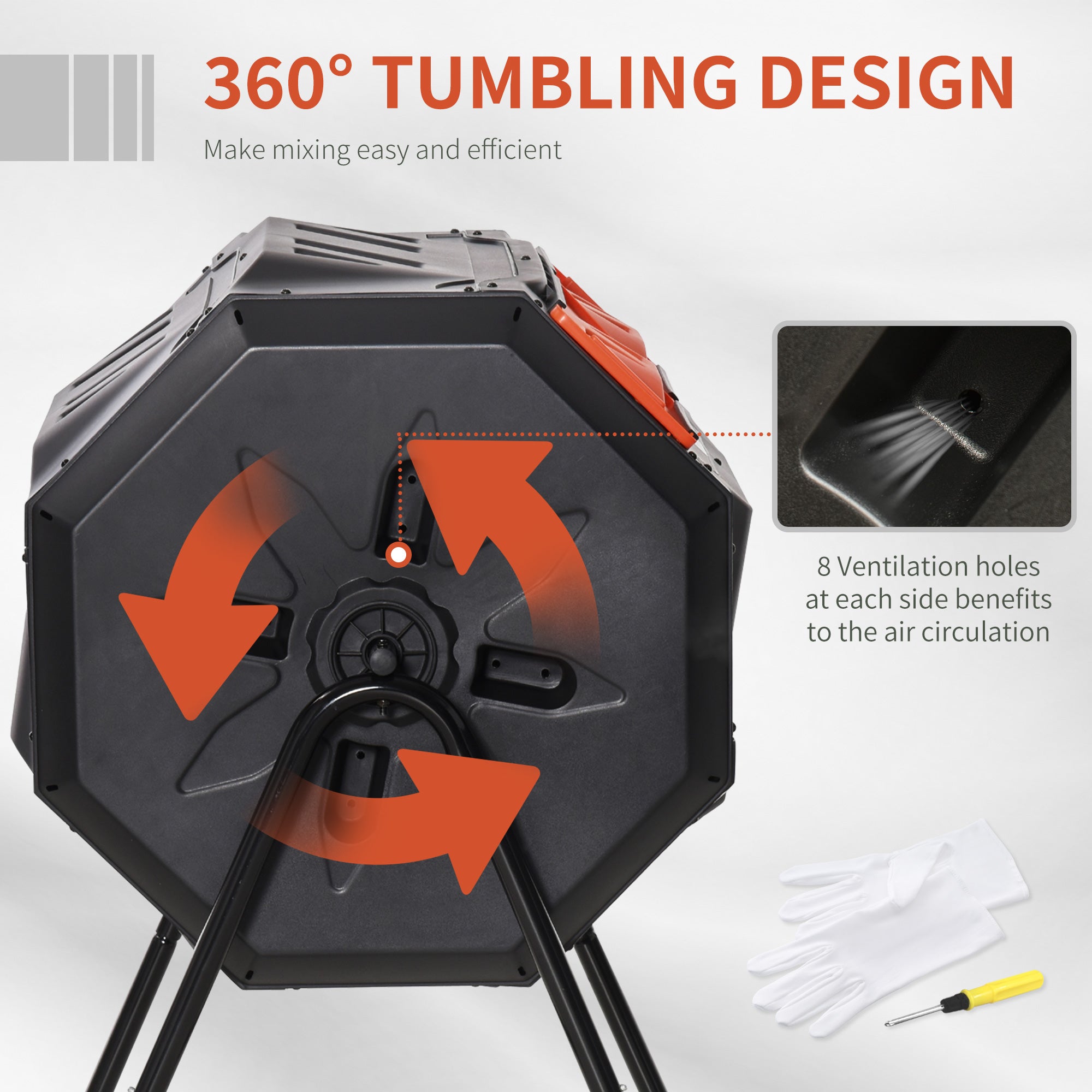 Tumbling Compost Bin Outdoor Dual Chamber 360Â° Rotating Composter 43 Gallon with Sliding Doors, Orange
