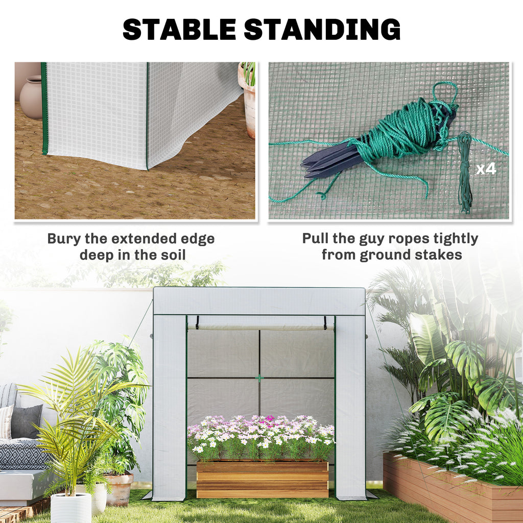Walk-in Tomato Greenhouse Lean-to Green House with Reinforced PE Cover, Roll-up Door, Mesh Windows, White