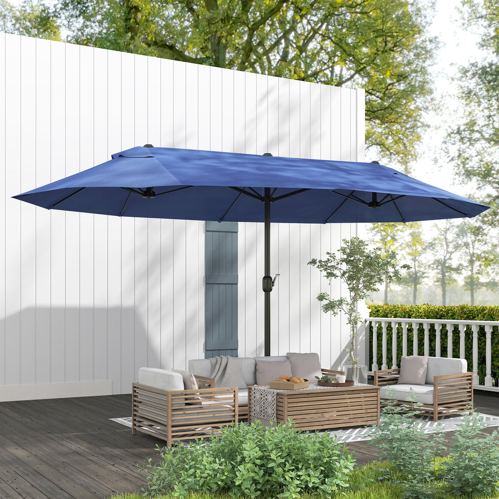 15ft Double-sided Patio Umbrella with Twin Canopy, Extra Large Outdoor Parasol with Crank for Pool, Deck, Market, Blue