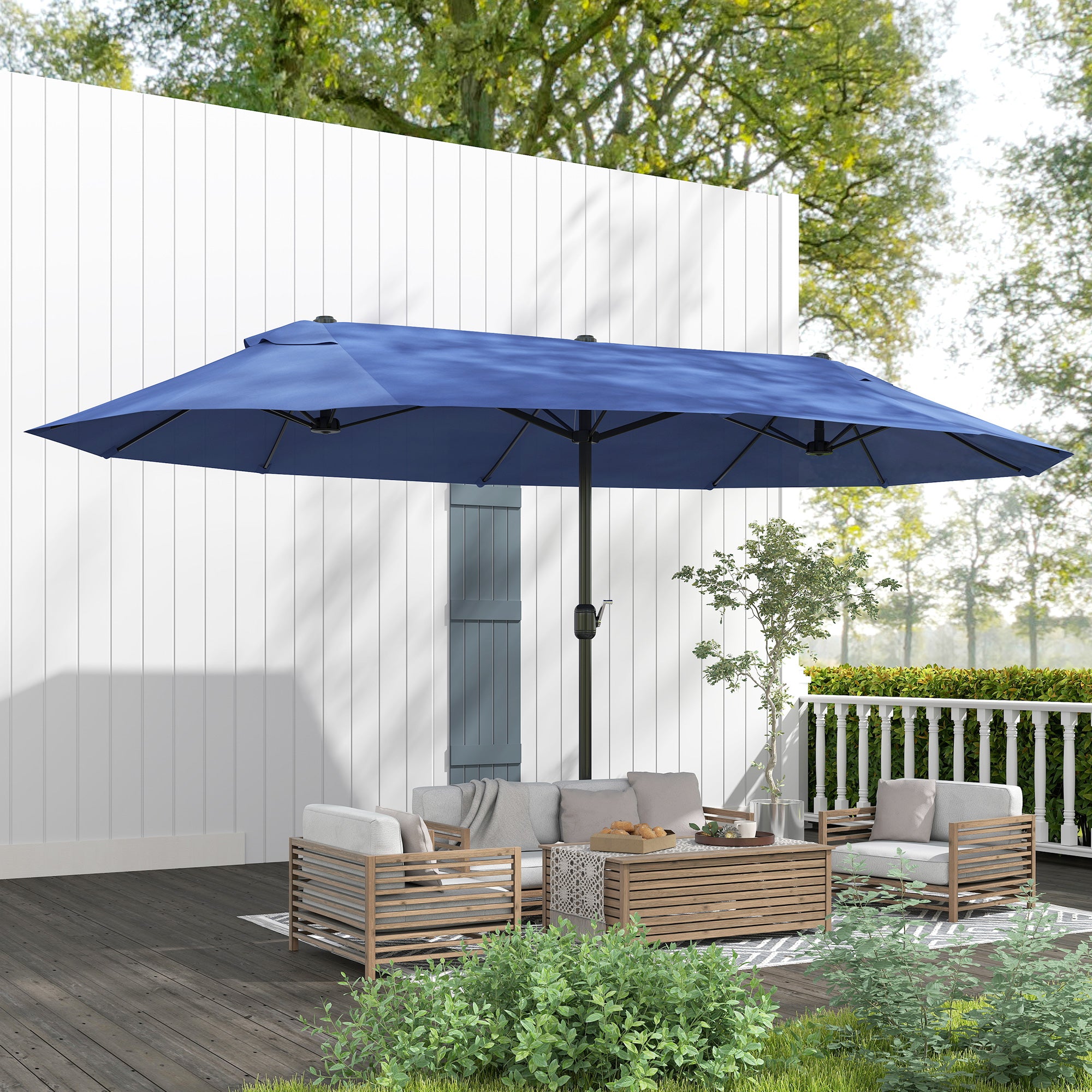 15ft Double-sided Patio Umbrella with Twin Canopy, Extra Large Outdoor Parasol with Crank for Pool, Deck, Market, Blue