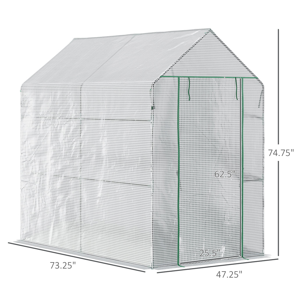 73" x 47" x 75" Walk-in Greenhouse Outdoor Portable Plant Flower Growth Warm House Garden Tunnel Shed with Roll-up Door and 4 Shelves, White