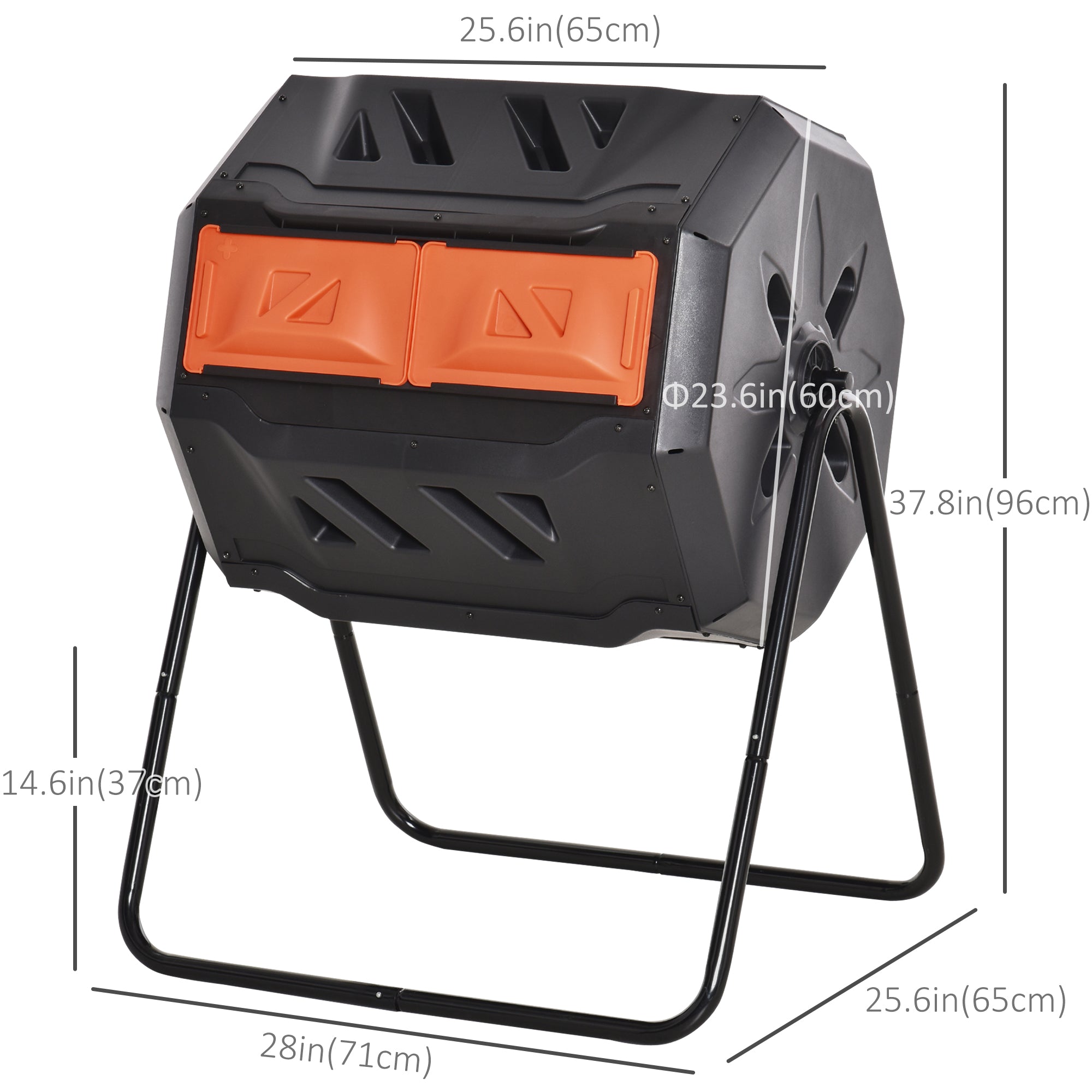 Tumbling Compost Bin Outdoor Dual Chamber 360Â° Rotating Composter 43 Gallon with Sliding Doors, Orange