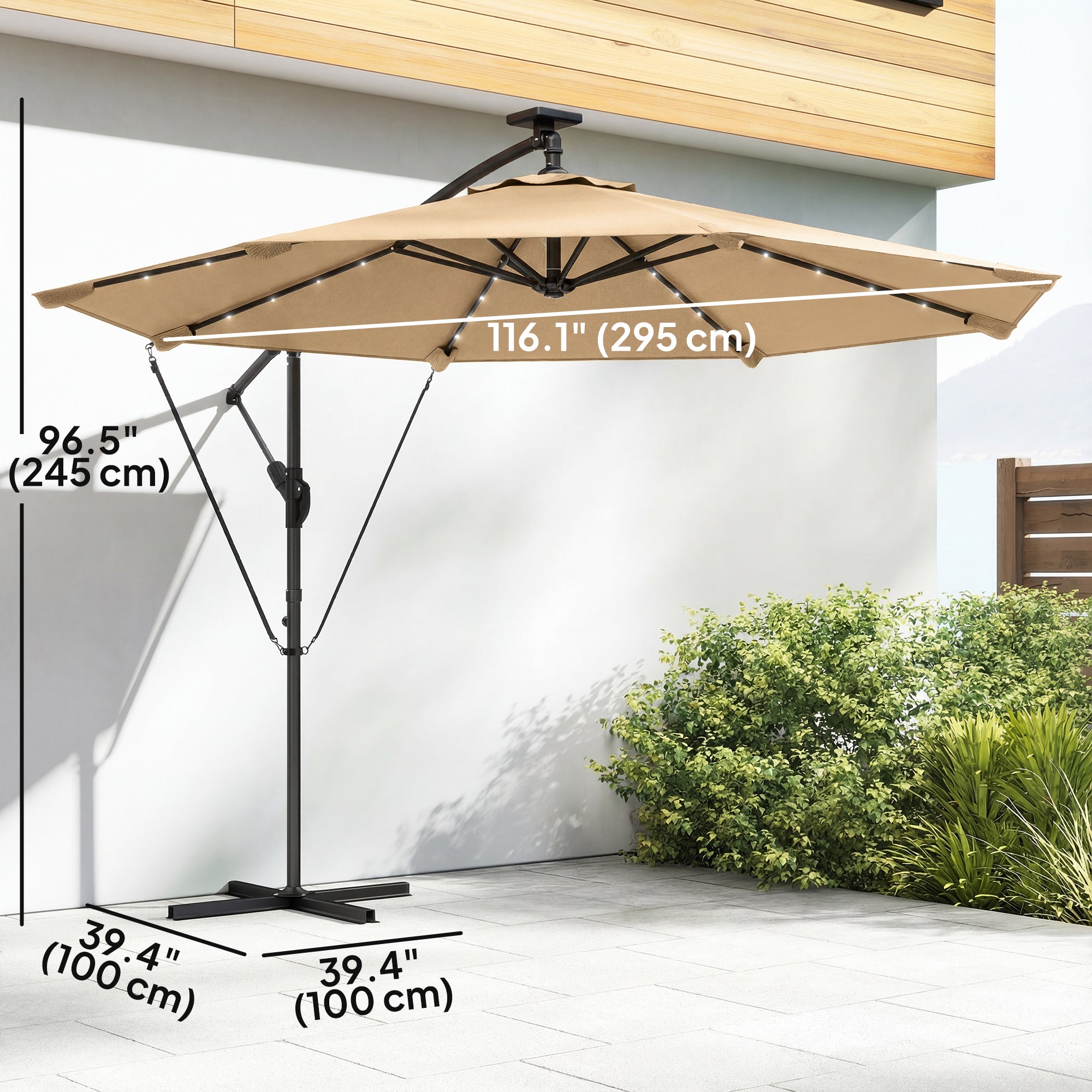 9.7ft Solar LED Cantilever Patio Umbrella with 32 LED Lights, Cross Base, Crank Handle, for Poolside, Deck, Khaki