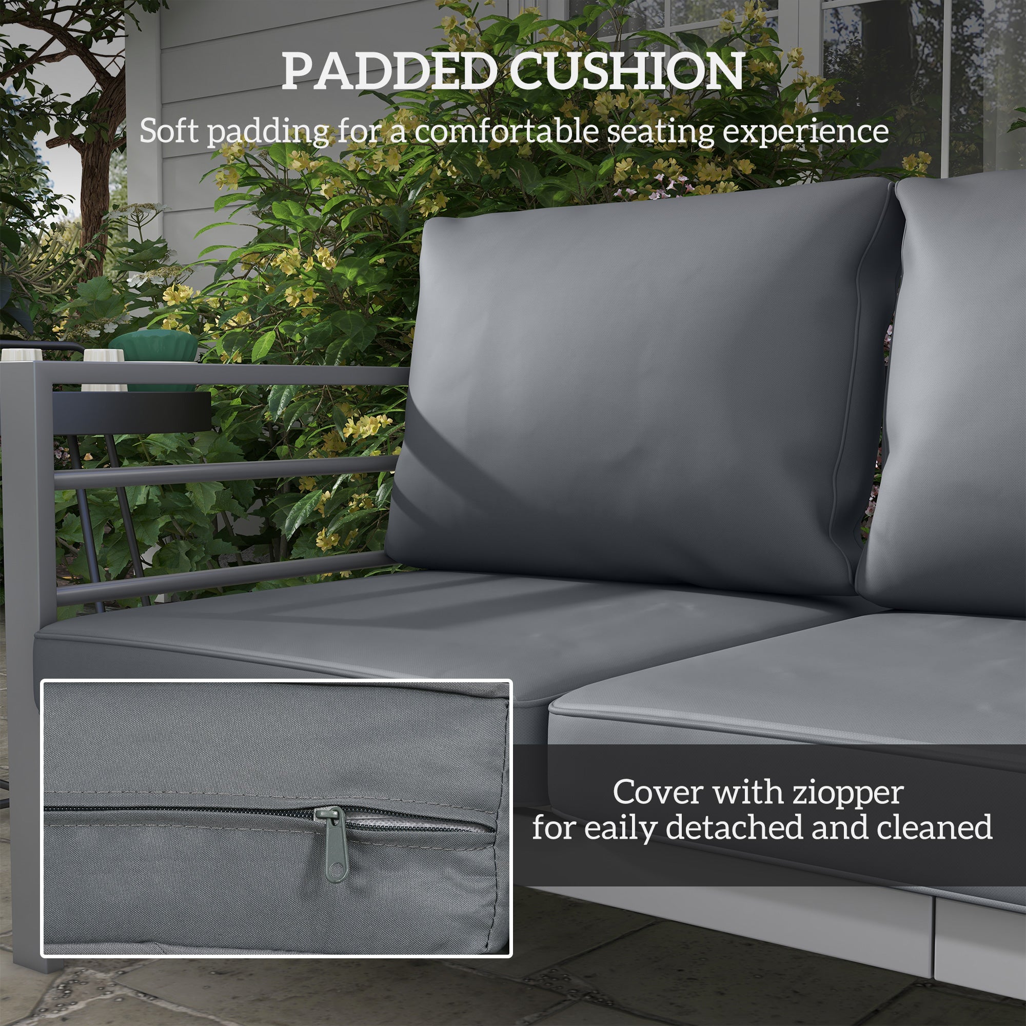 Aluminum Garden Sofa, 3-Person Outdoor Couch, Backyard Furniture for 3-person with Cushions, 72.8" x 26" x 25.2", Grey