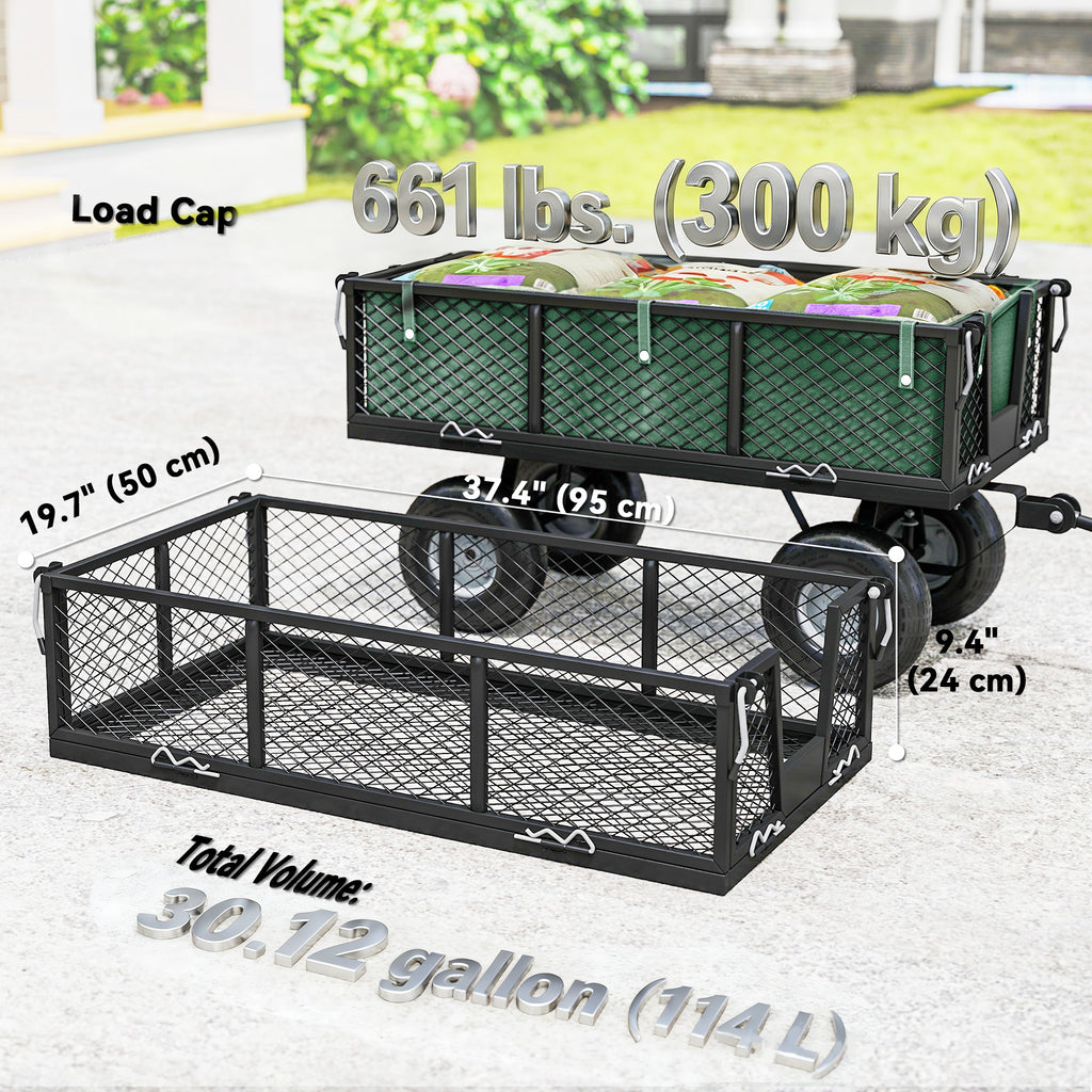 Steel Garden Cart, Utility Wagon Cart with Removable Liner, Quick-Release Sides, 10" Wheels, 660lbs Capacity, Green