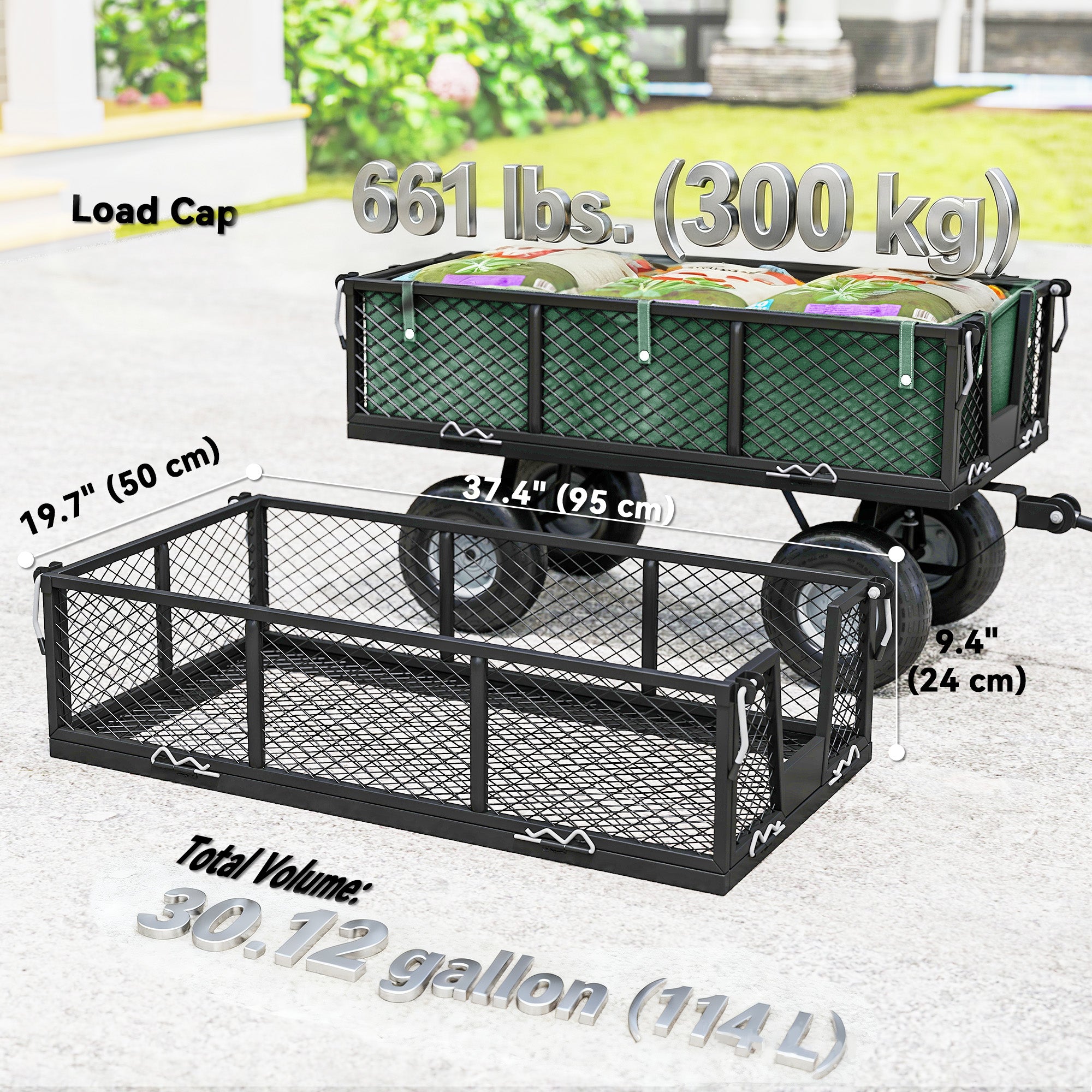 Steel Garden Cart, Utility Wagon Cart with Removable Liner, Quick-Release Sides, 10" Wheels, 660lbs Capacity, Green