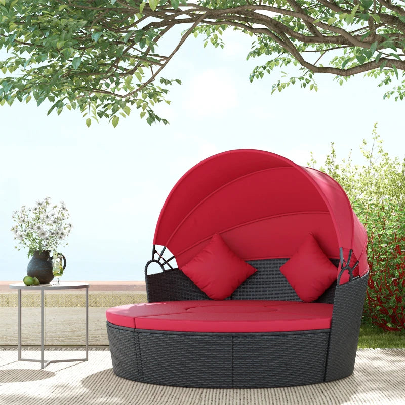 Round rattan outdoor daybed sofa with retractable sun canopy