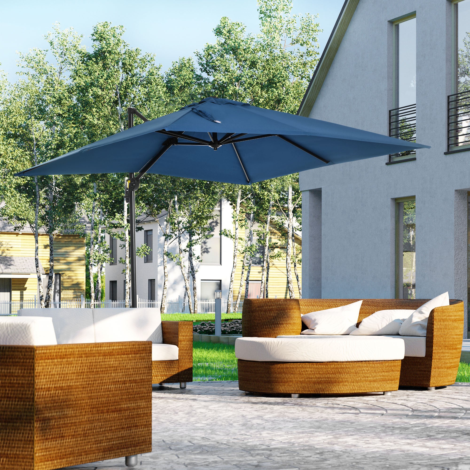 8' x 8' Square Patio Hanging Offset Umbrella with 360Â° Rotation, Aluminum Outdoor Cantilever Parasol with Crank & Tilt, Sun Canopy Shelter with Cross Base, Dark Blue
