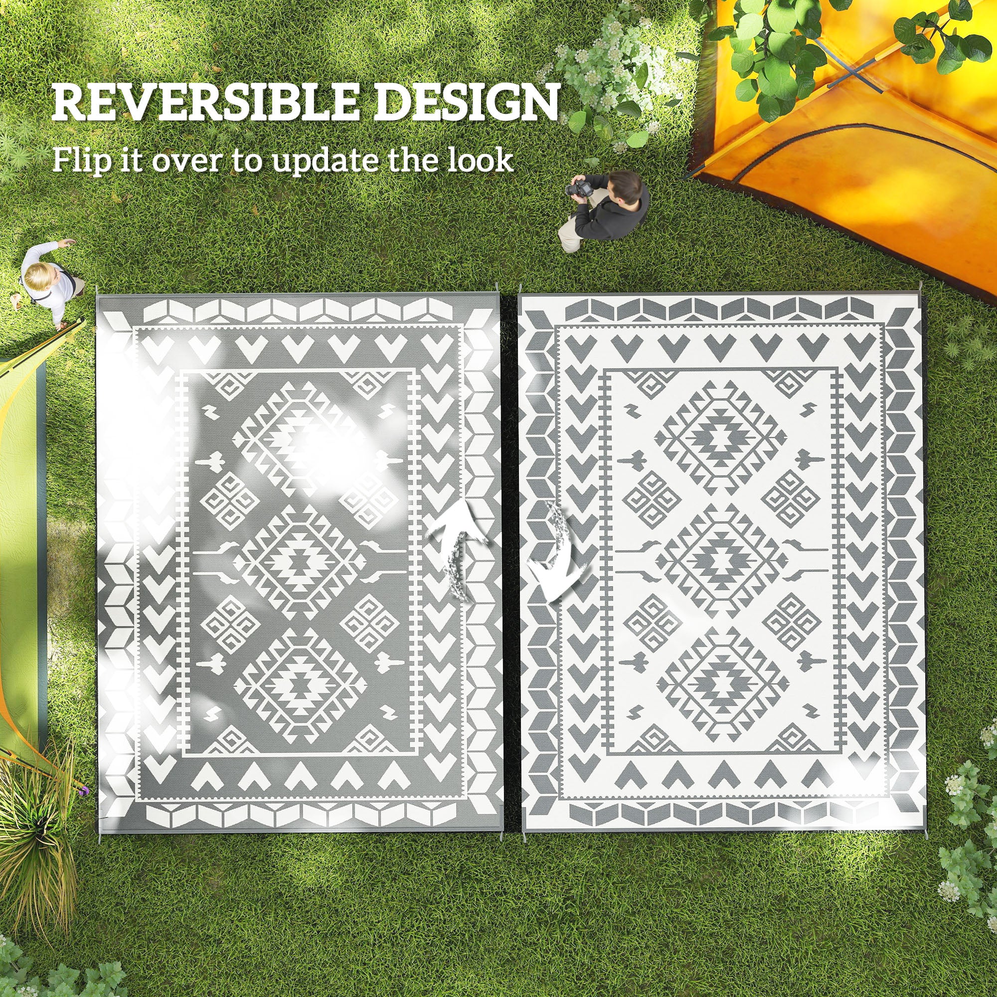 9' x 12' Outdoor RV Rug, Reversible Patio Floor Mat with Carry Bag, Rhombus Patchwork, Grey and White