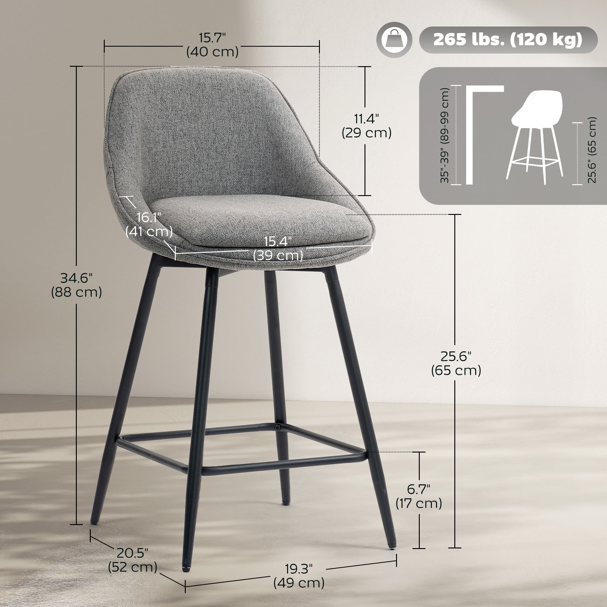 26" Counter Height Barstools Set of 2, Upholstered Swivel Bar Stools with Backrests and Armrests, Dark Grey