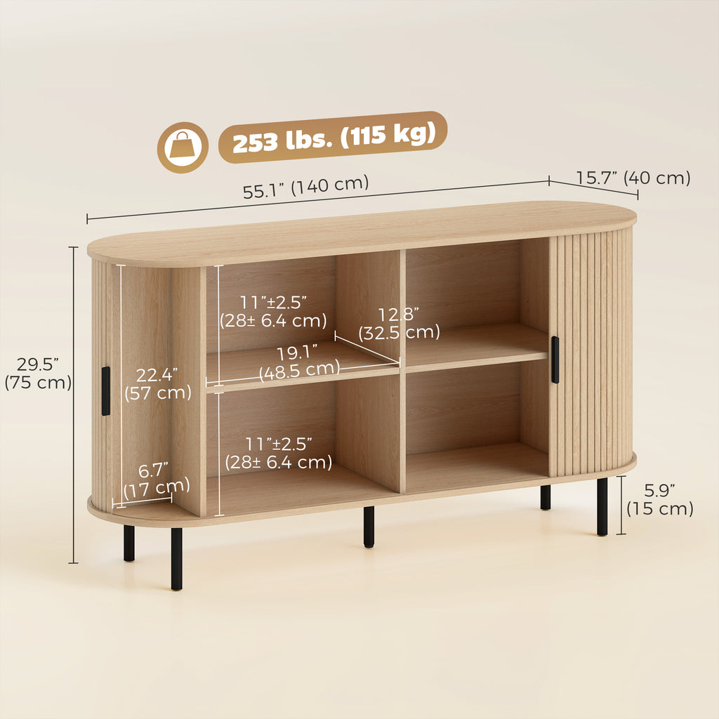 Fluted Sideboard Buffet Cabinet, 55" Mid Century Coffee Bar Cabinet with Sliding Doors and Adjustable Shelves, Natural