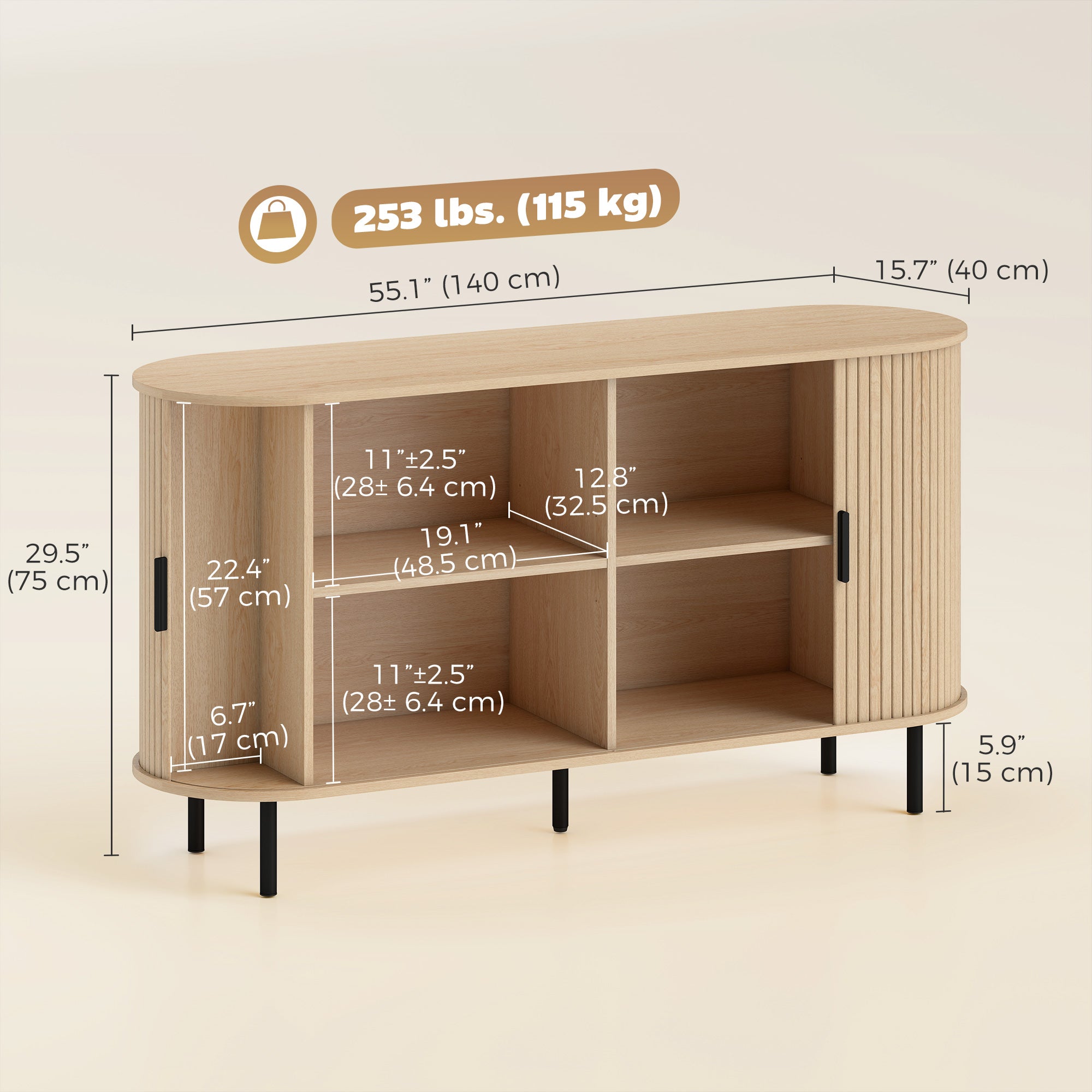 Fluted Sideboard Buffet Cabinet, 55" Mid Century Coffee Bar Cabinet with Sliding Doors and Adjustable Shelves, Natural
