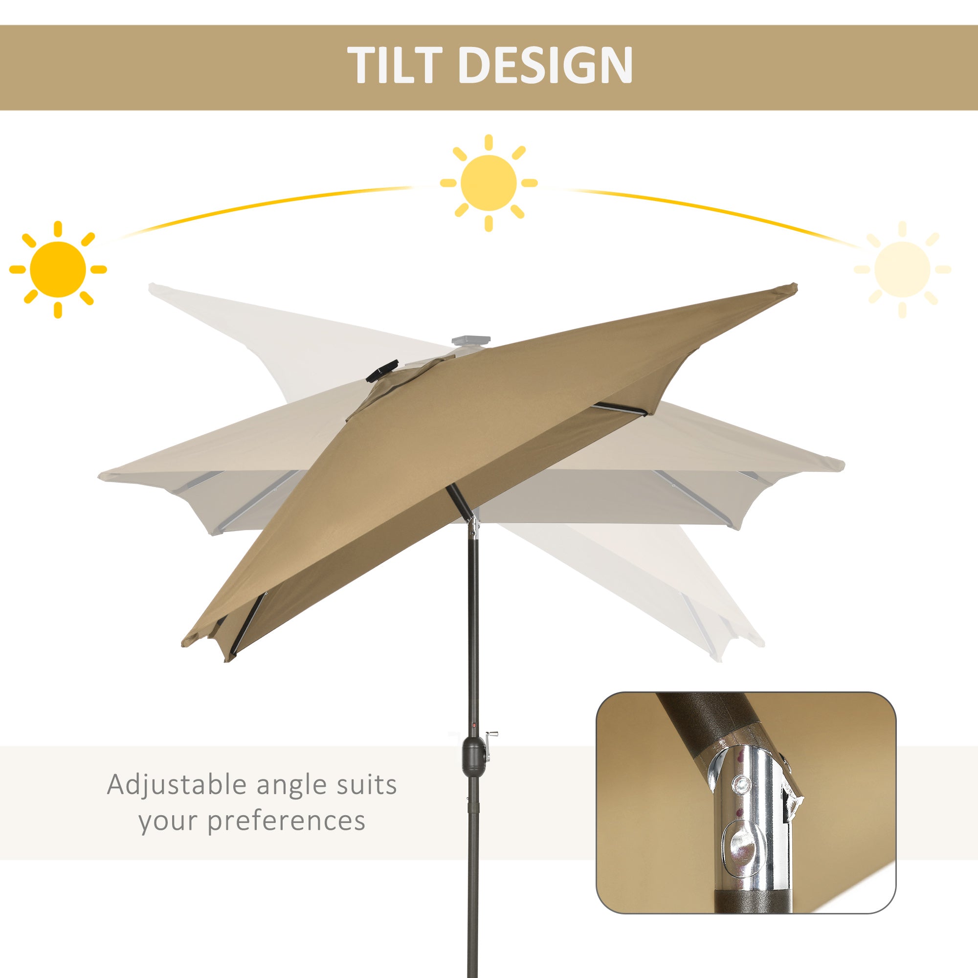 6.5x10ft Patio Umbrella Rectangle Solar Powered Tilt Aluminum Outdoor Market Parasol with LEDs Crank (Light Coffee)