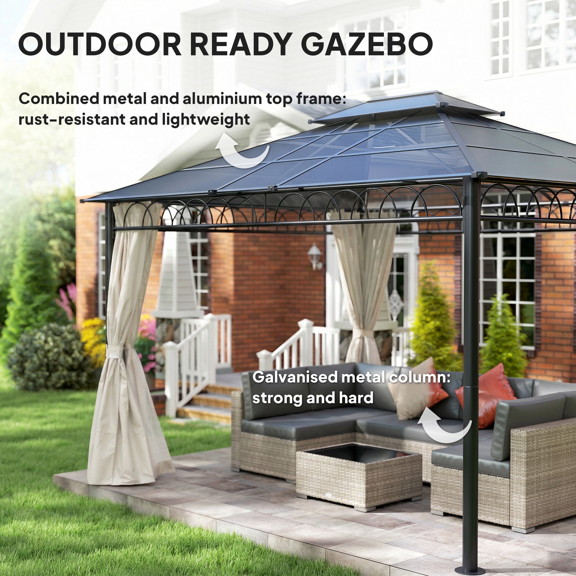 10' x 12' Outdoor Gazebo Canopy, DoubleÂ Roof Hardtop Gazebo withÂ Polycarbonate Roof, Steel Frame, NettingsÂ andÂ Curtains