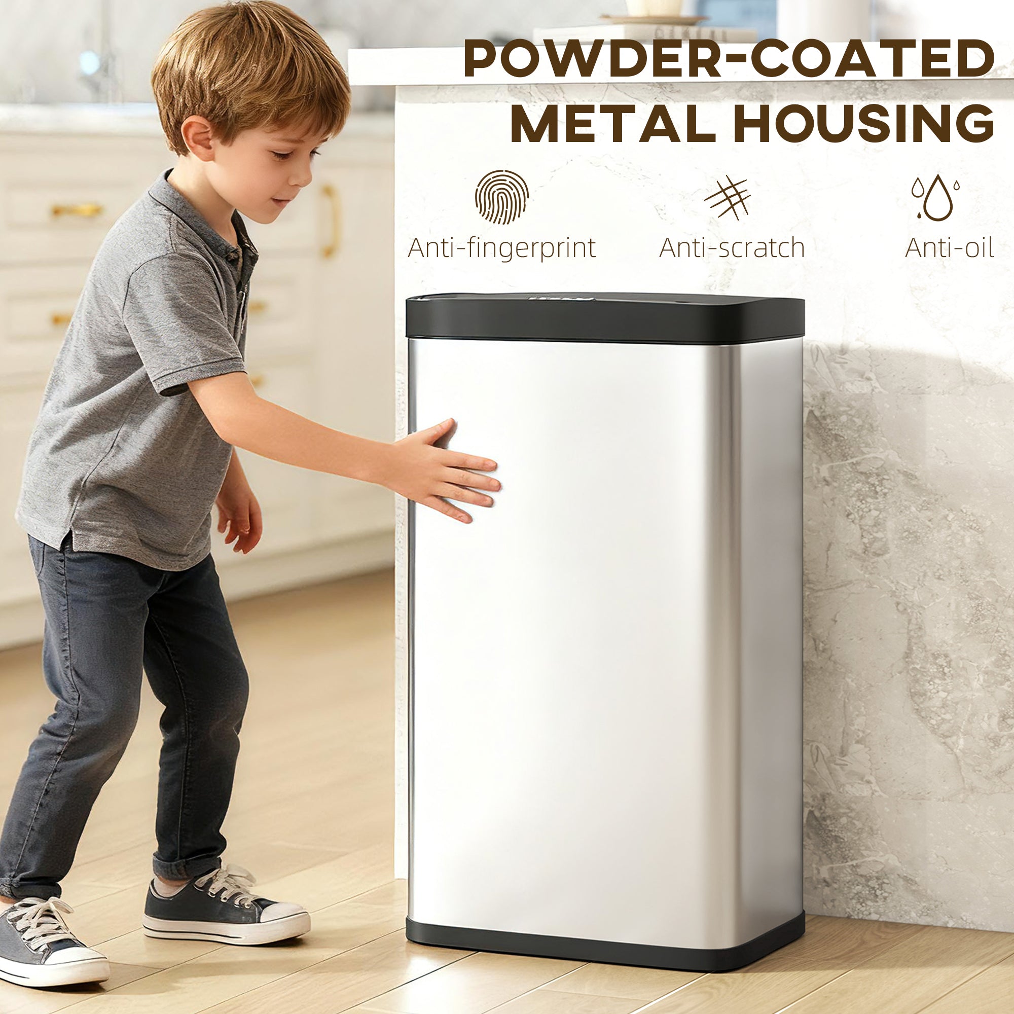 12 Gallon (45 L) Sensor Can, Automatic Garbage Can with Soft-Close Lid, Fingerprint-Proof Stainless Steel, Silver