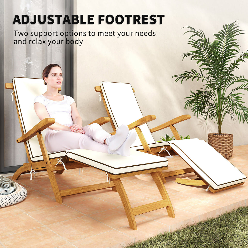 Folding Patio Lounge Chair with Padded Cushion, Acacia Wood Patio Lounger Recliner with Footrest for Garden, White