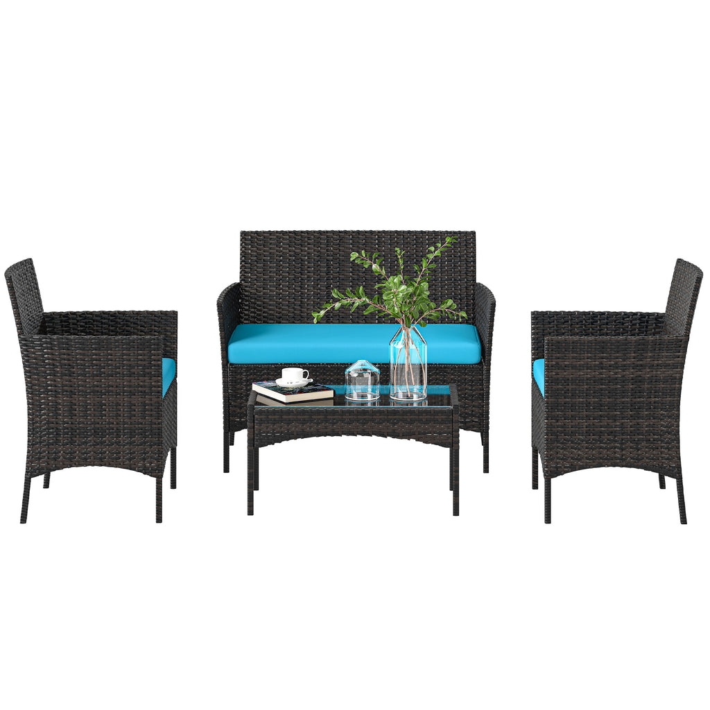 4 Pieces Wicker Outdoor Balcony Furniture Set Rattan Patio Furniture Set with Loveseat Chairs Glass Coffee Table Turquoise